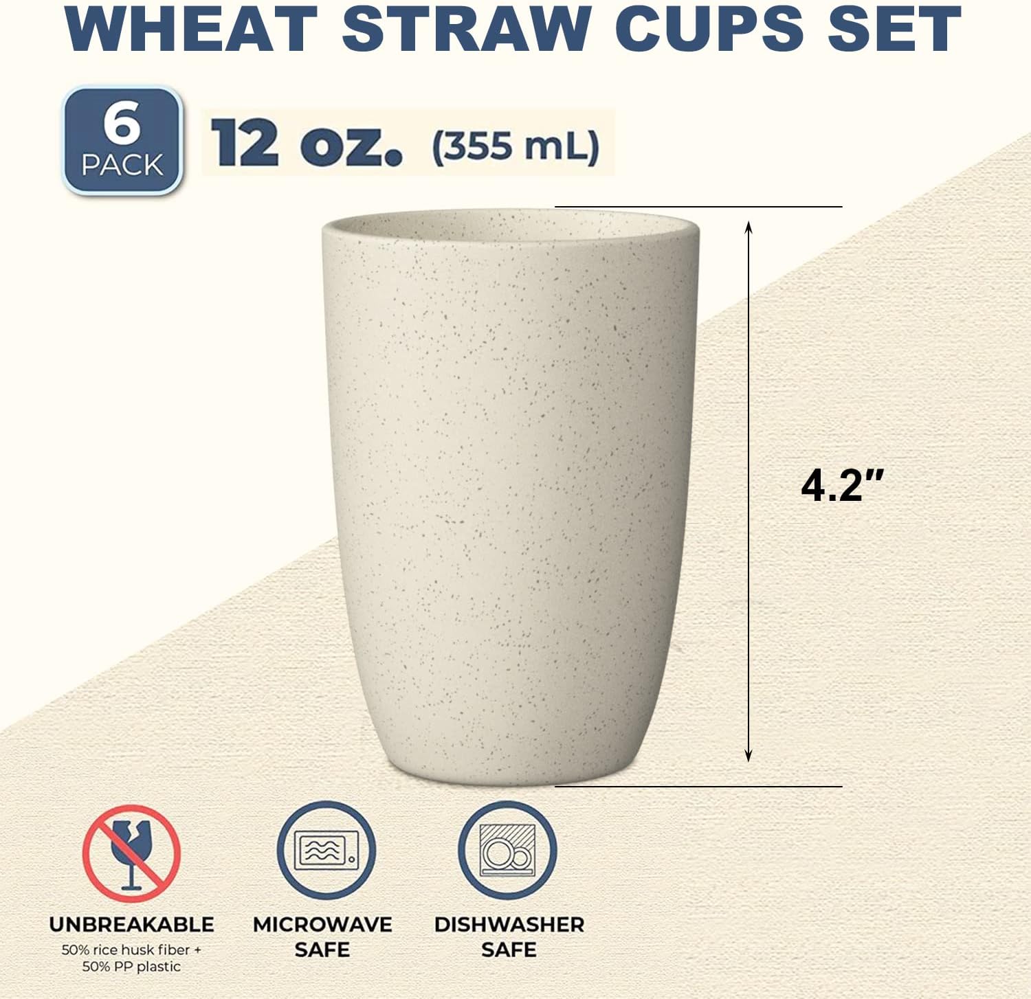 Wrova Wheat Straw Cups 6 PCS Good Alternative to Plastic Reusable Cups 12 oz Unbreakable Drinking Cup Reusable Dishwasher Safe Water Plastic Glasses Beige - Image 2