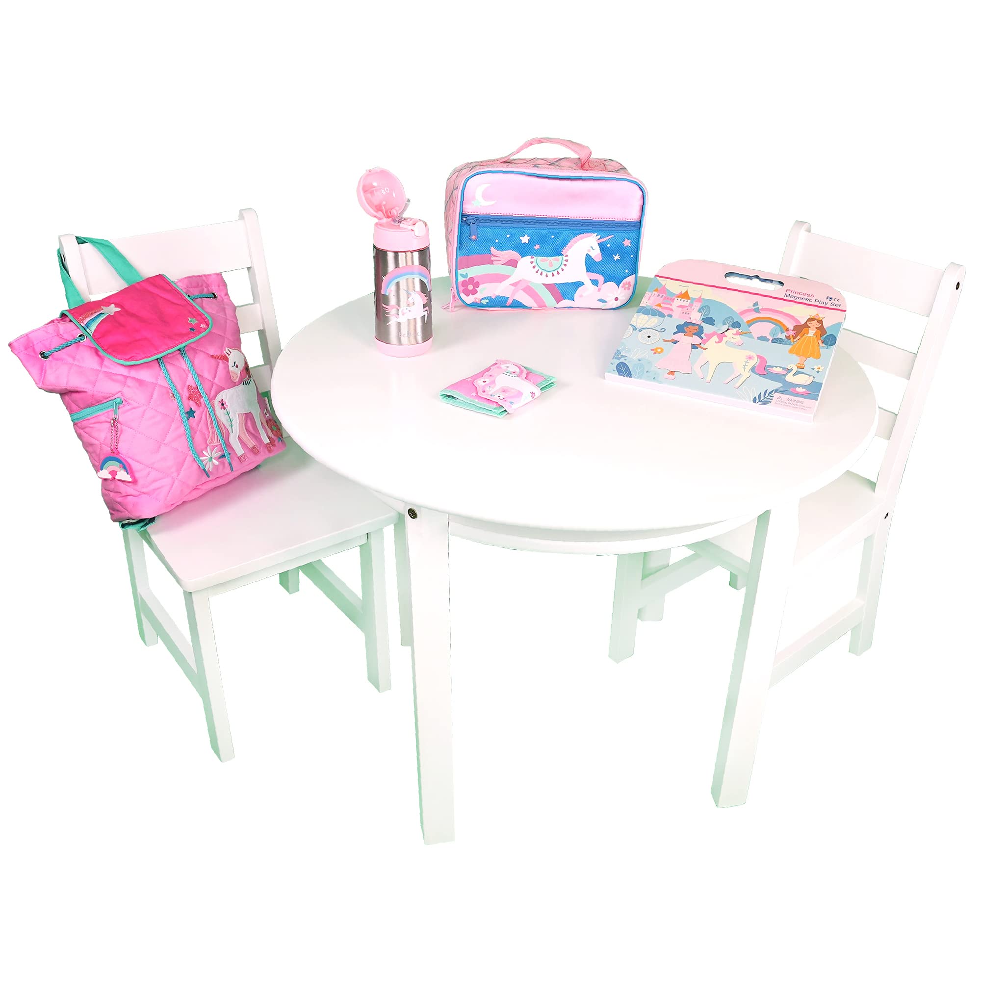 AVENTIS Child’s White Round Table with Shelf & 2 Chairs Trendy Pink Unicorn School Travel Bundle with Unicorn Backpack, Lunchbox, Insulated Water Bottle, Magnetic Playset & Wallet Ages 3+