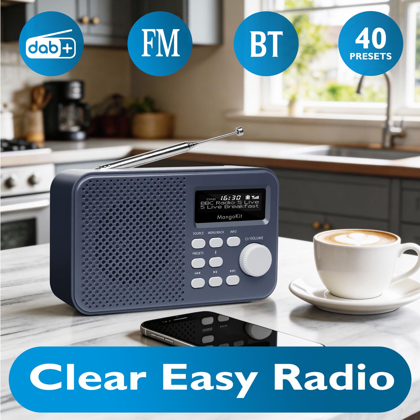 MD2-Plus Radio Dab/Dab+/FM Portable - Diffusion Bluetooth, 40 présélections, Grand écran LCD, Alimentation Secteur ou Piles, Prise Casque, Radio compacte pour Chevet ou Cuisine