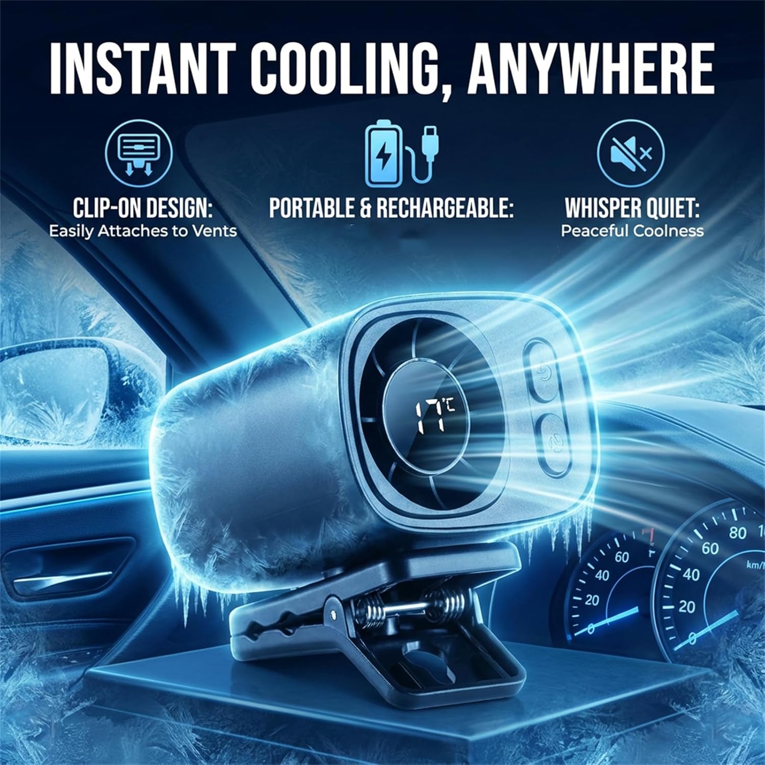 Carzlab Portable Car Ac, Clip on Air Conditioner Fan, Portable Mini Cooling System for 16℃ Semi-Cooling Wide Clamp, Silent Mini Bladeless Fans (2pcs)