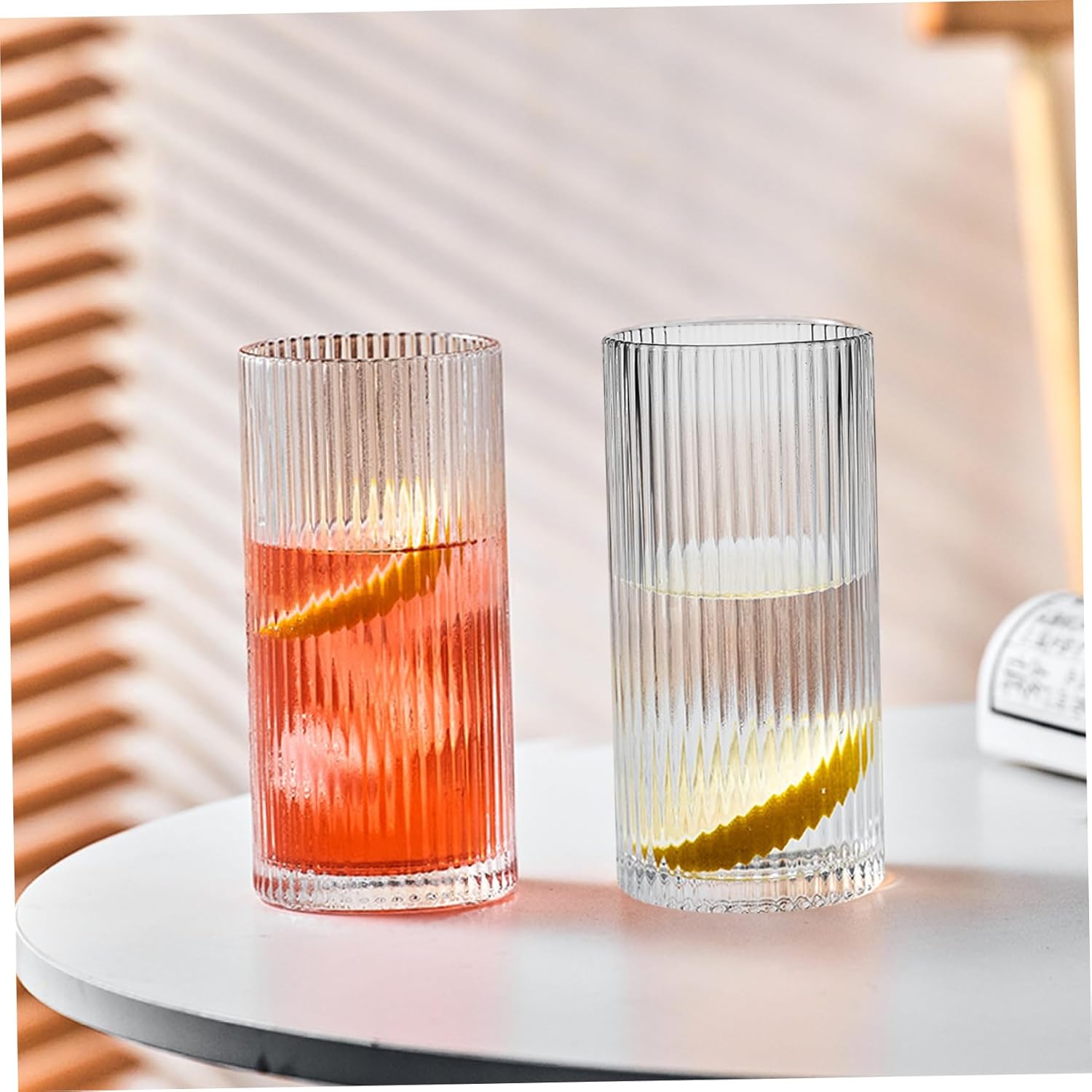 Ribbed Glasses 4Pcs 450ml Glass Ribbed Cups Round Minimalist Glass Cups Transparent Glassware for Cocktail Iced Coffee Juice Beer Soda
