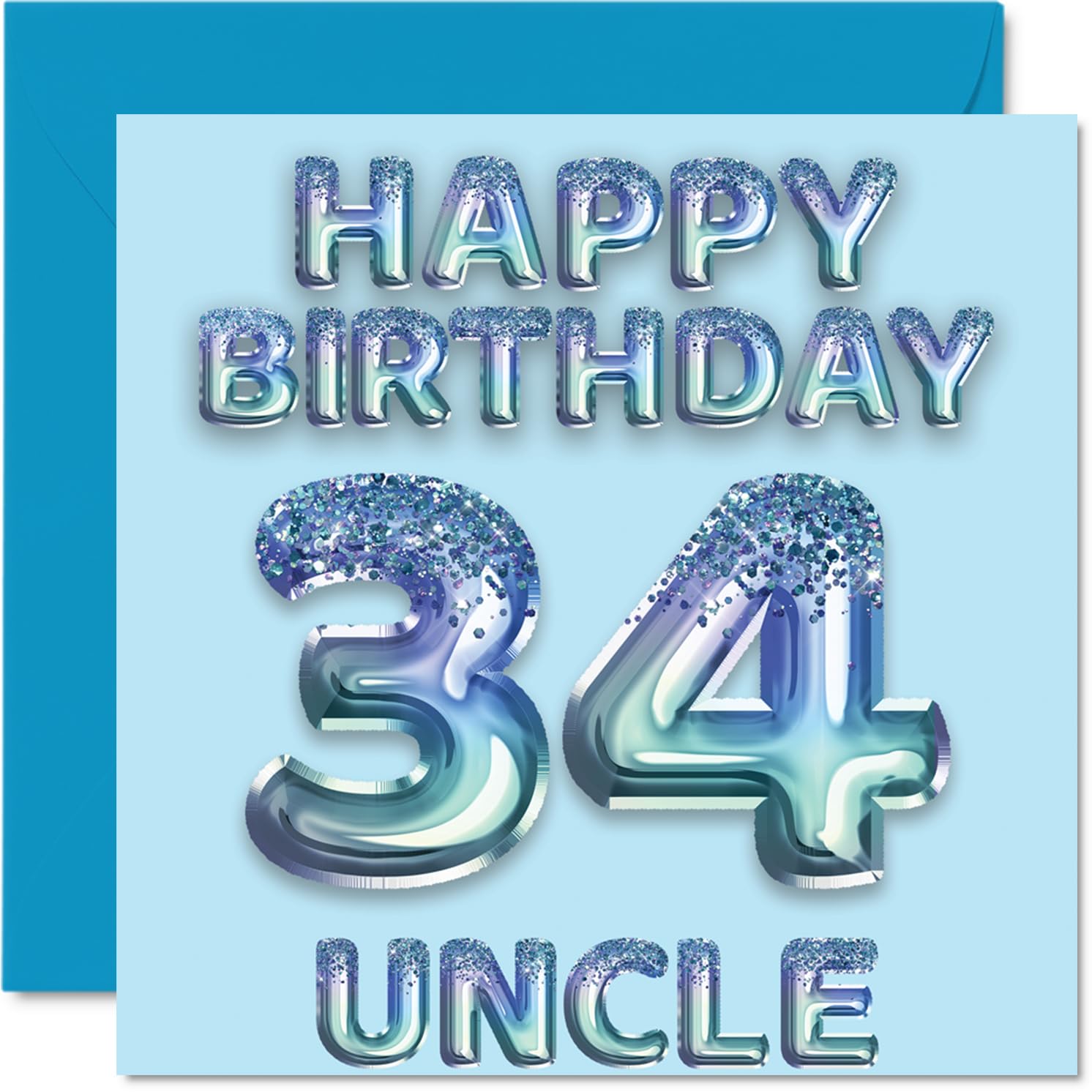 34th Birthday Card for Uncle - Blue Glitter Party Balloons - Happy Birthday Cards for 34 Year Old Uncle from Nephew Niece, 145mm Bday Greeting Cards Gift