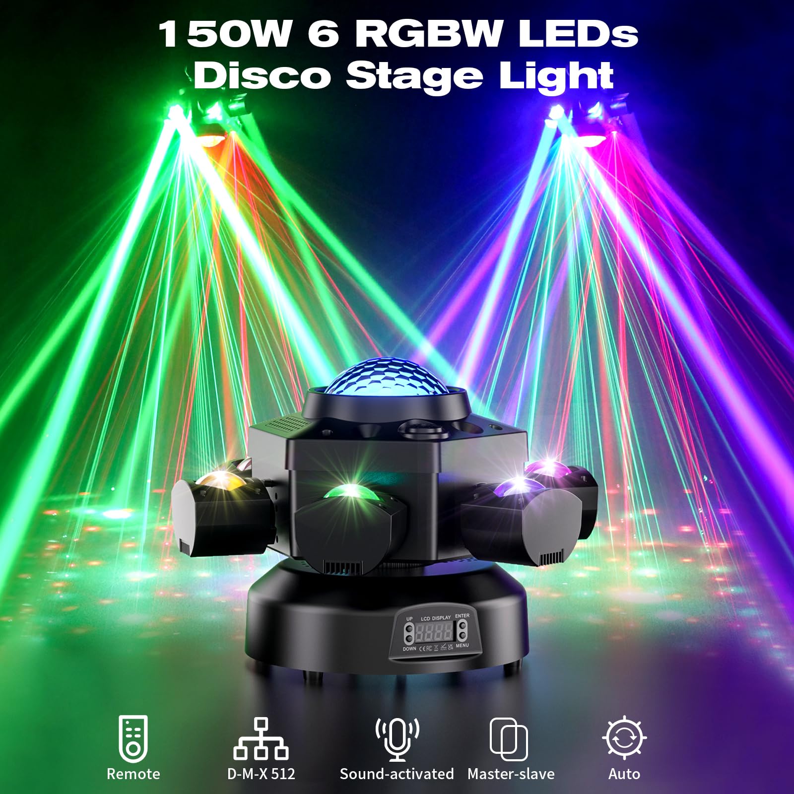 150W Teste Mobili LED, Luci DJ, Luci Discoteca con Telecomando, 6 Bracci 4 in 1 Proiettore, Las Magic Ball Strobo, DMX512 Attivato dal Suono per Festa Matrimonio Bar Disco