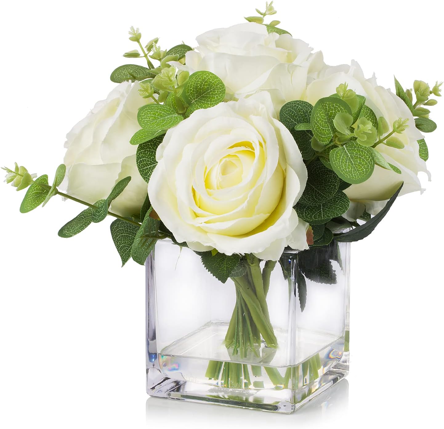 Enova Floral Mixed Artificial Silk Roses and Eucalyptus Leaves Faux Flowers Arrangement in Cube Glass Vase with Faux Water Home Office Wedding