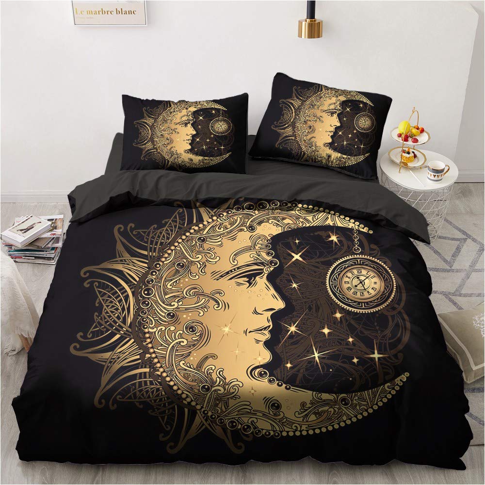 LuoweiSun and Moon Bed Linen 135 x 200 cm, 4-Piece Black Gold Bohemian Mandala Duvet Cover Soft Microfibre Duvet Cover with Zip, 2 Duvet Covers 135 x 200 cm + 2 Pillowcases 80 x 80 cm