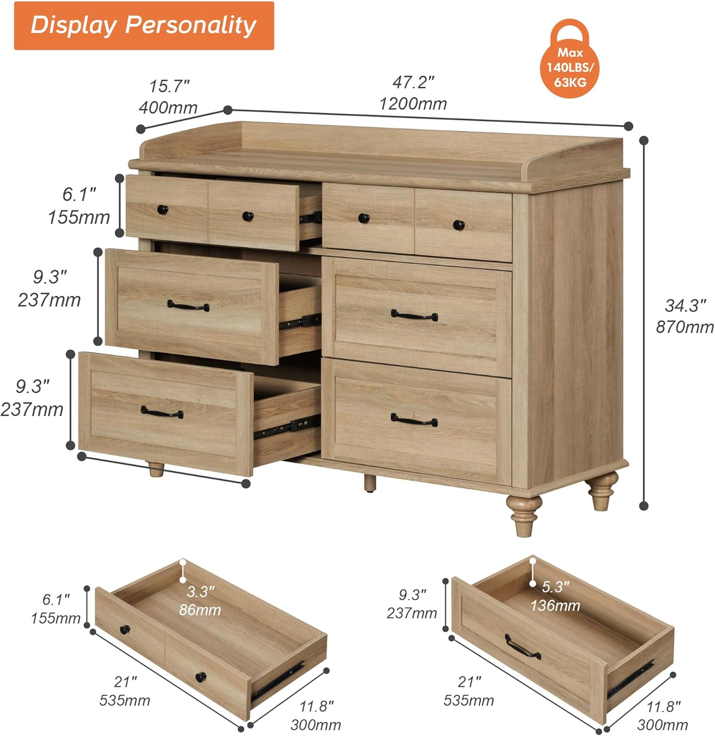WAMPAT Farmhouse 6 Drawers Dresser for Bedroom, Wooden Chest of Drawers Kids Dresser with Solid Wood Legs, Rustic Storage Dressers Organizer for Living Room & Kids Room, Oak, 47 Inch
