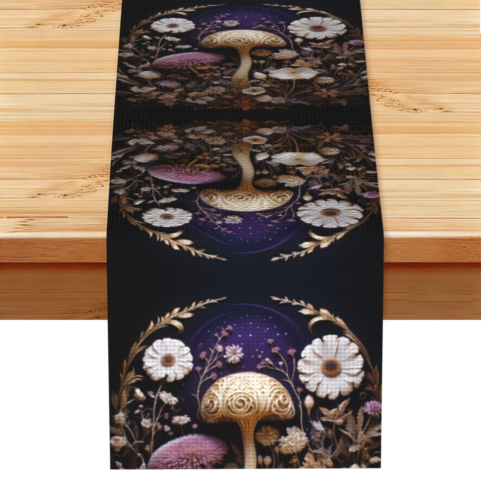 White Mushrooms and Flowers Linen Feel Table Runner Wedding Party Home Decoration