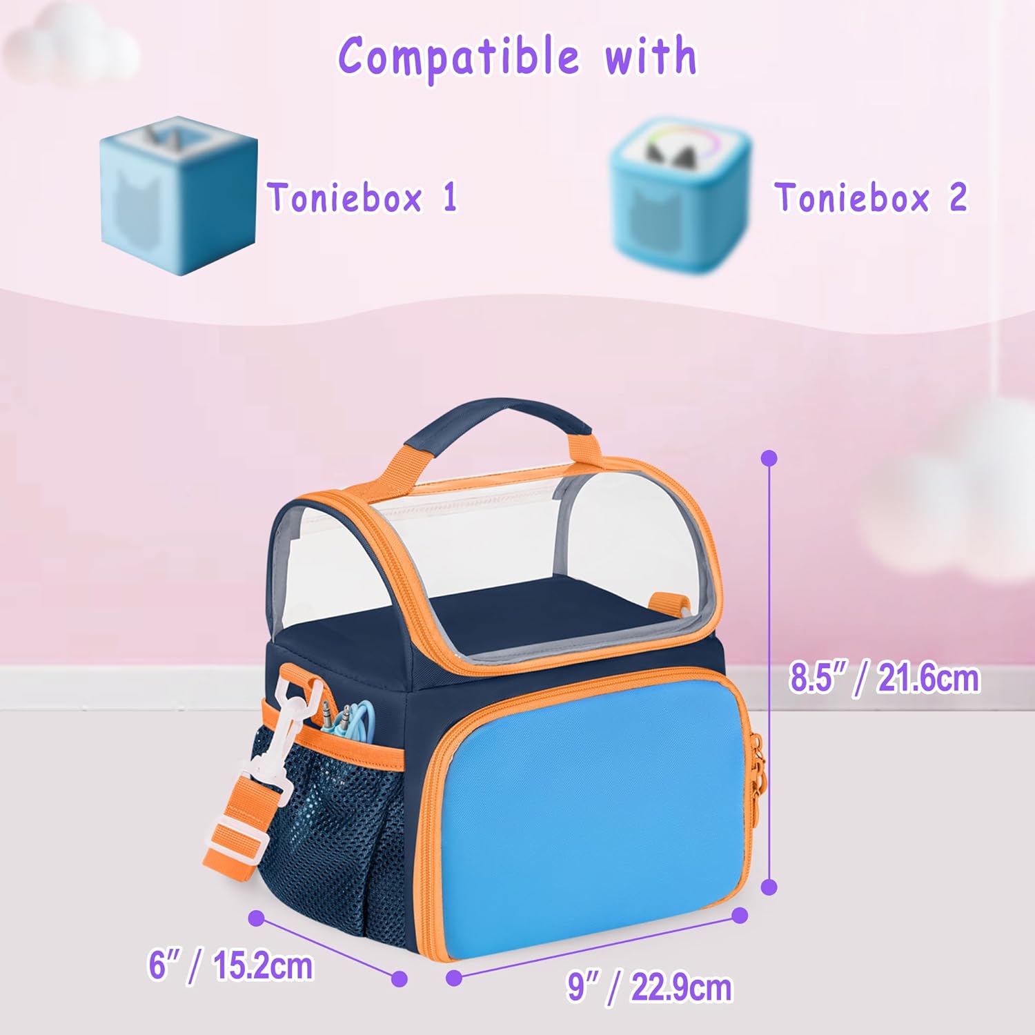 Carry Case Compatible with Toniebox, Travel Storage Organizer for Audio Player Starter Set, Magnetic Design to Display Figures, with Shoulder Strap and Handle, Blue (Case Only)