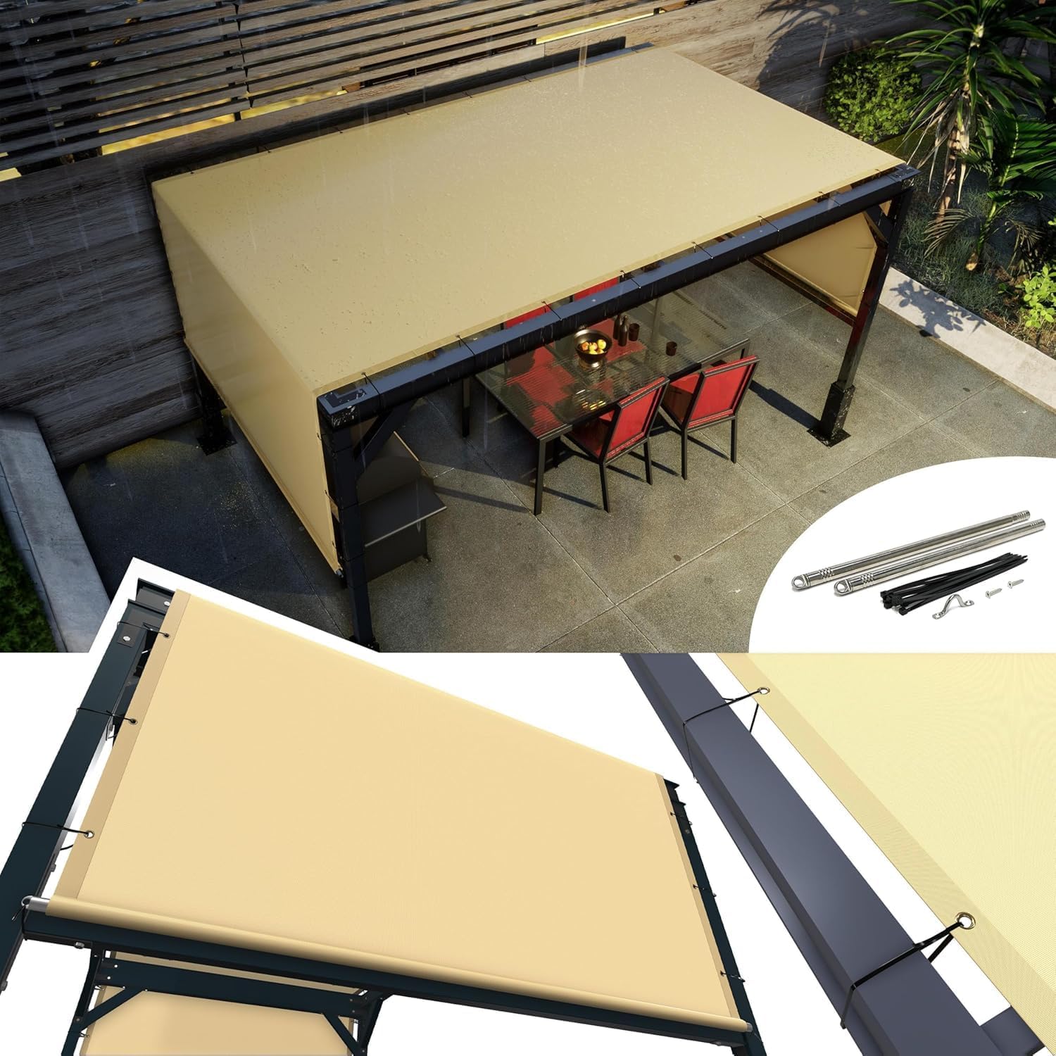 Amgo 12' x 20' Waterproof Beige Pergola Sun Shade Canopy Replacement Cover UPF50, Commercial 260 GSM Cloth for Outdoor Patio, Include Stainless Steel Weighted Rods (We Make Custom Size)