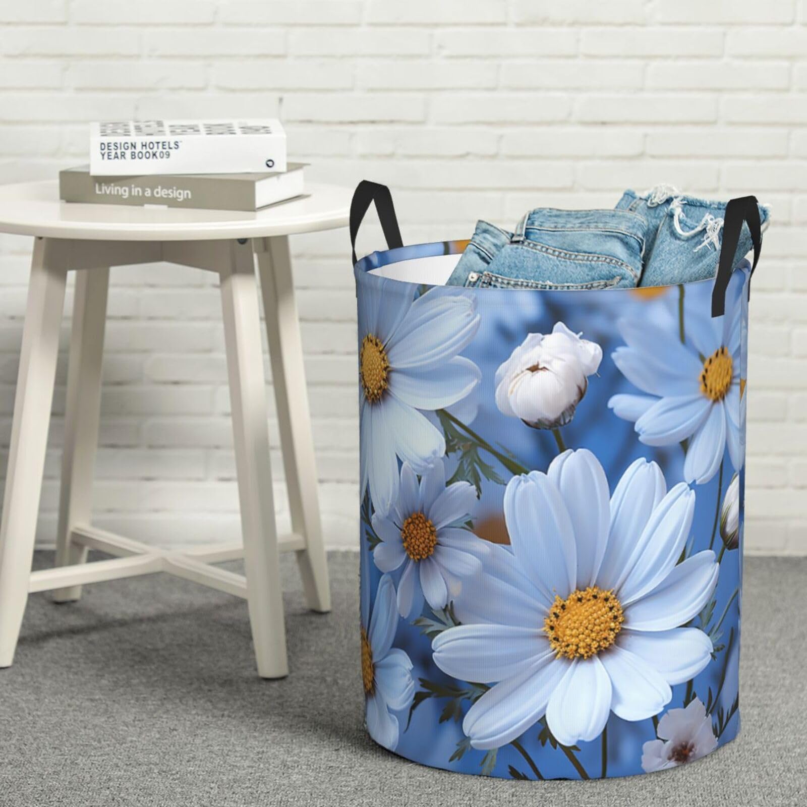 Fodpand Black Daisy Blue Laundry Basket With Handle, Freestanding Laundry Hamper, Collapsible Dirty Clothes Hamper, Waterproof Fabric Blanket Storage Basket Tall Toy Storage Bin Room Decor Small