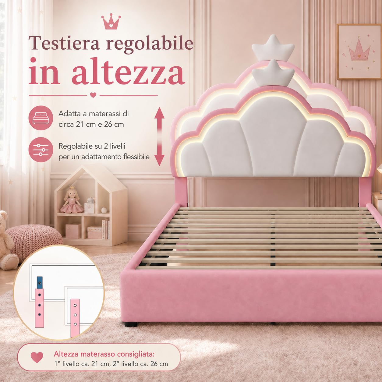 Cama infantil tapizada, 90 x 200 cm, cama infantil con LED, estructura individual de corona con somier, cabecero ajustable, tela aterciopelada (rosa, blanco y tela de terciopelo, 90 x 200)