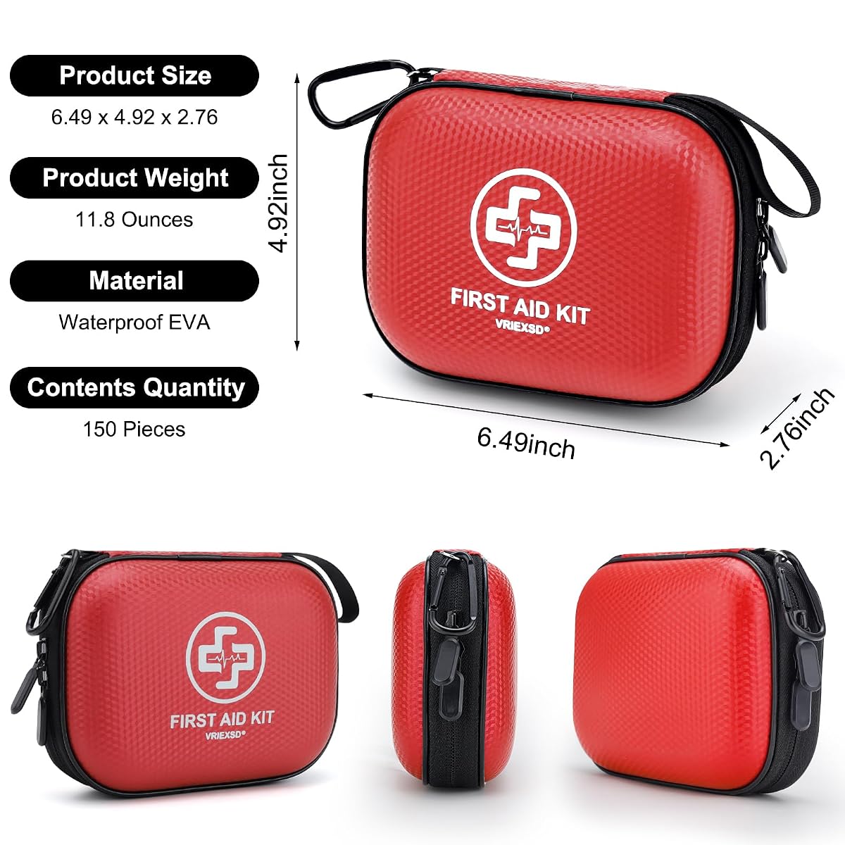 Mini First Aid Kit - 150 Piece Small Waterproof Hard Shell Medical Kit Red 6.4" x 4.9" x 2.7" image 1