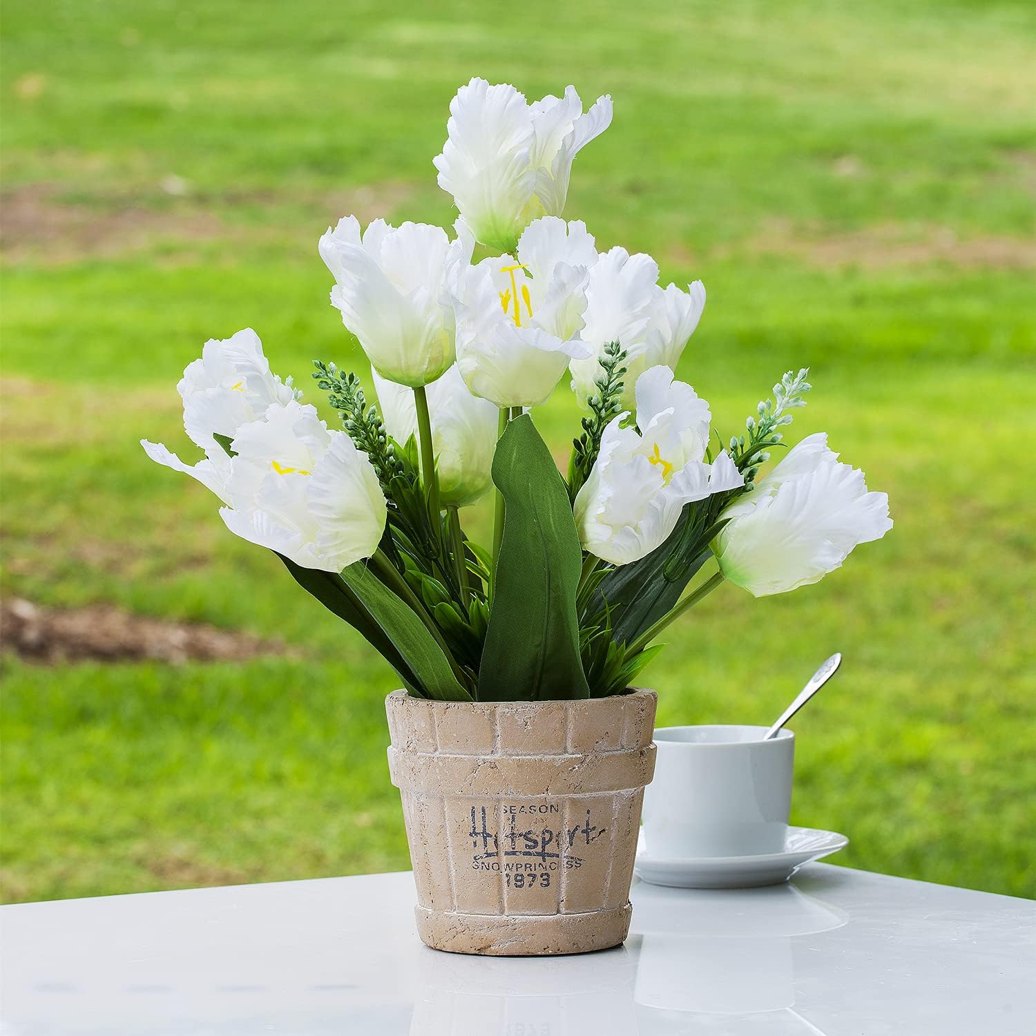 Enova Floral 9 Heads Artificial Flowers Mixed Cream Silk Tulips with White Lavender Fake Flowers Arrangement in Tapered Pot for Home Office Garden Decoration