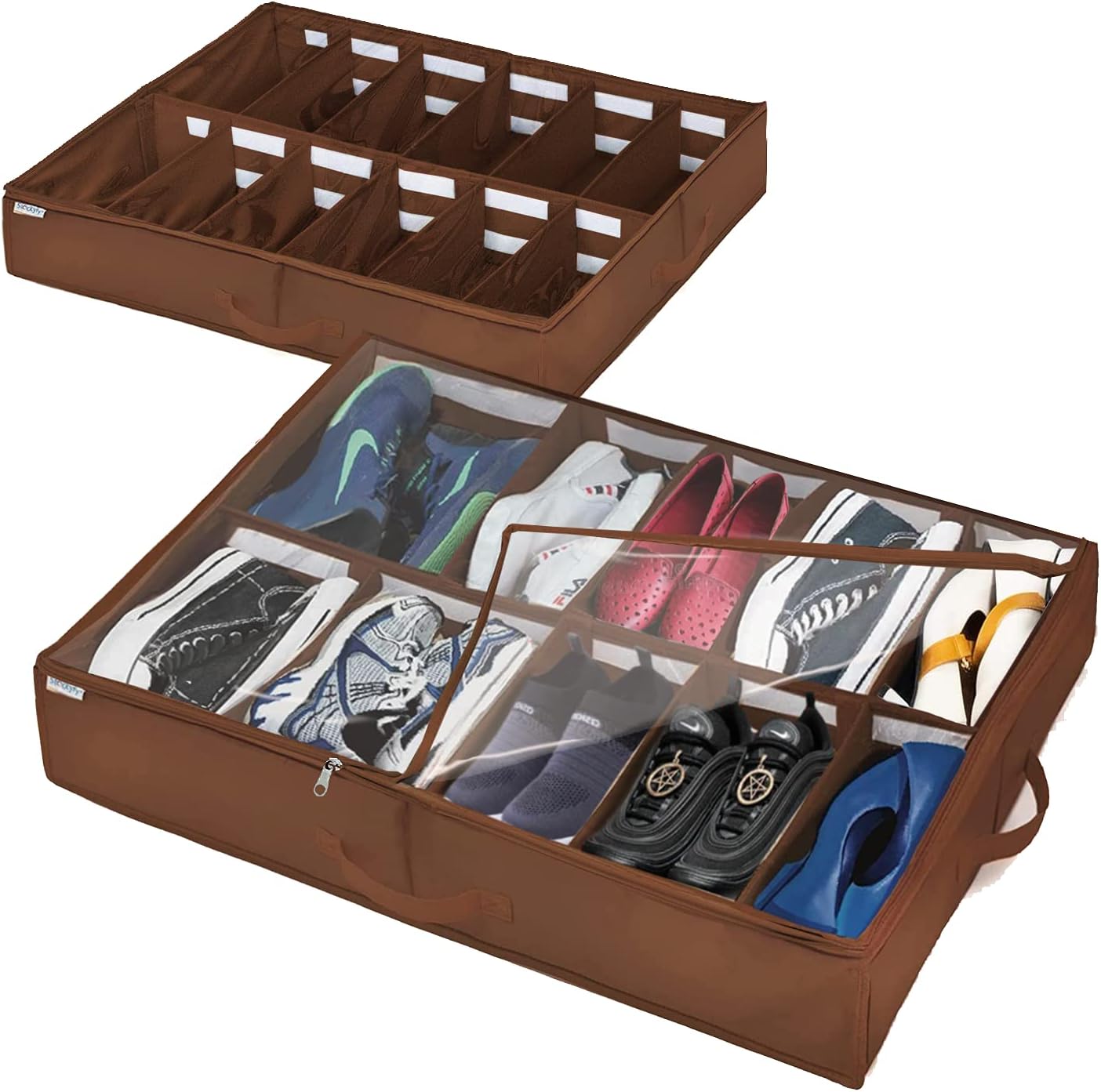 Under Bed Shoe Storage Organizer, Adjustable Dividers (2 Pack Fits 24 Pairs) Shoe Organizer Underbed Containers Solution with Sturdy and Breathable Materials for Sneakers, Boots Great Space Saver for Your Closet (Walnut)