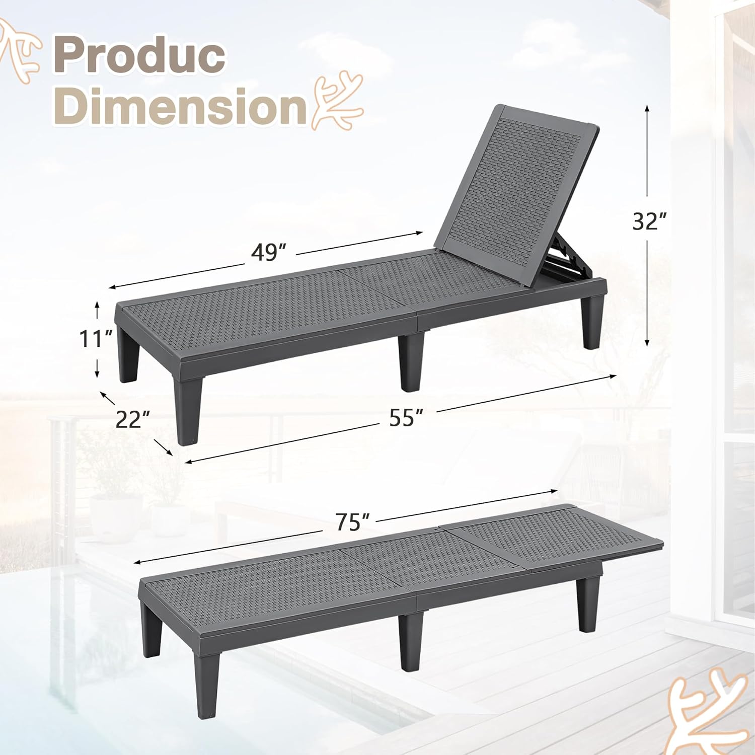 Homall Outdoor Lounge Chairs Set of 2, Quick Assembly & Waterproof Patio Chaise Lounge with Adjustable Backrest for Poolside, Beach, Garden (Grey)