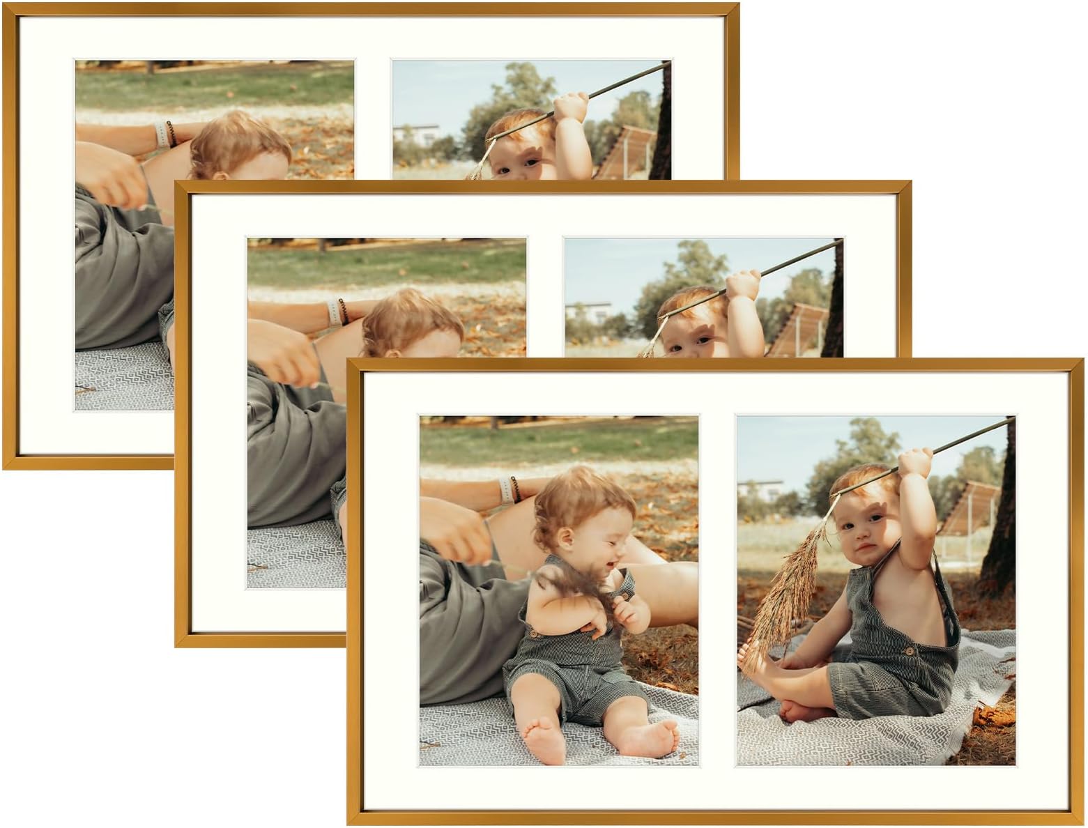 Golden State Art, 8x10 Aluminum Collage Frame, Display 10x8 Pictures With 2 Openings Mat or One 12x19 Photo, Real Glass, Portrait/Landscape Wall Display, Bronze, 3 Pack