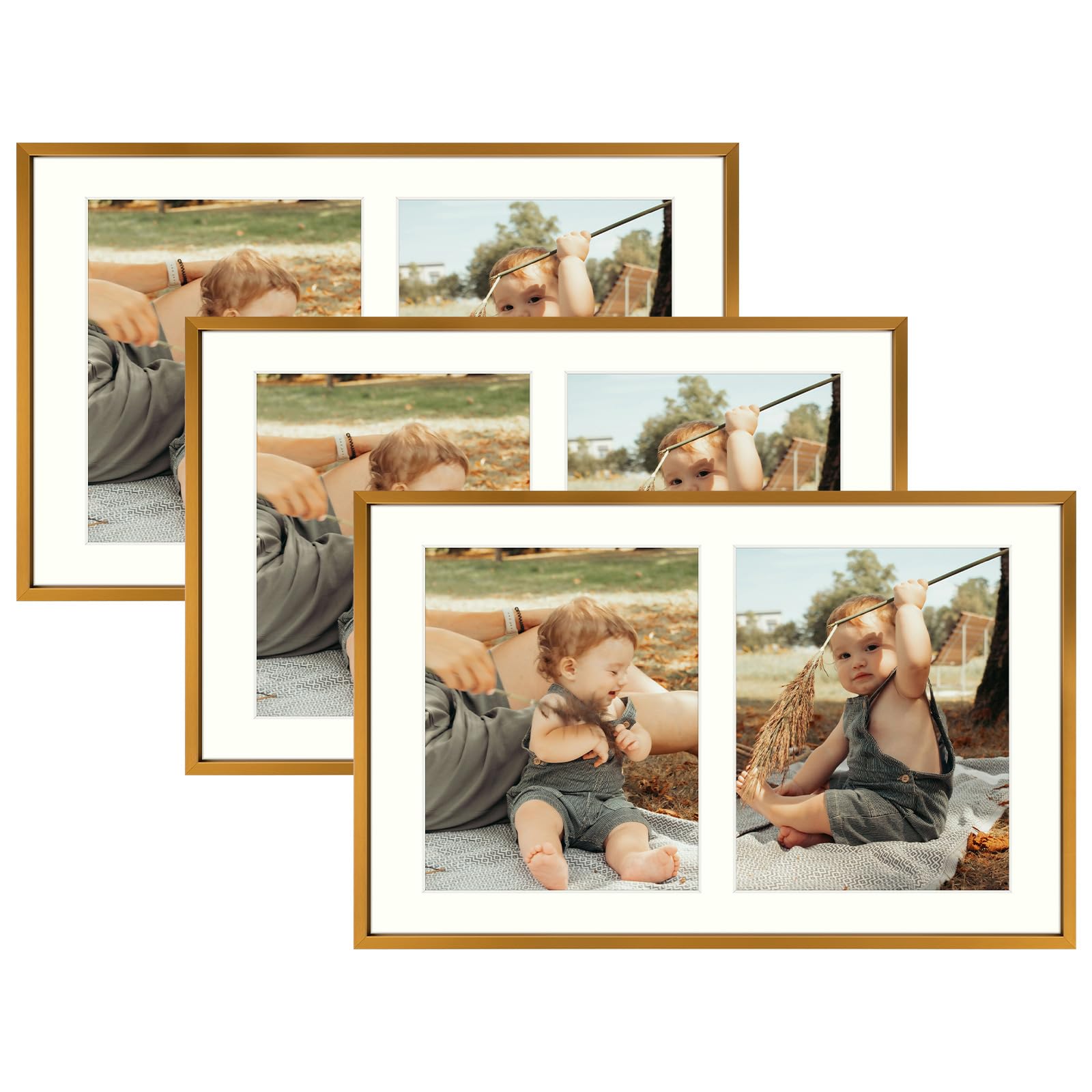 Golden State Art, 8x10 Aluminum Collage Frame, Display 10x8 Pictures With 2 Openings Mat or One 12x19 Photo, Real Glass, Portrait/Landscape Wall Display, Bronze, 3 Pack
