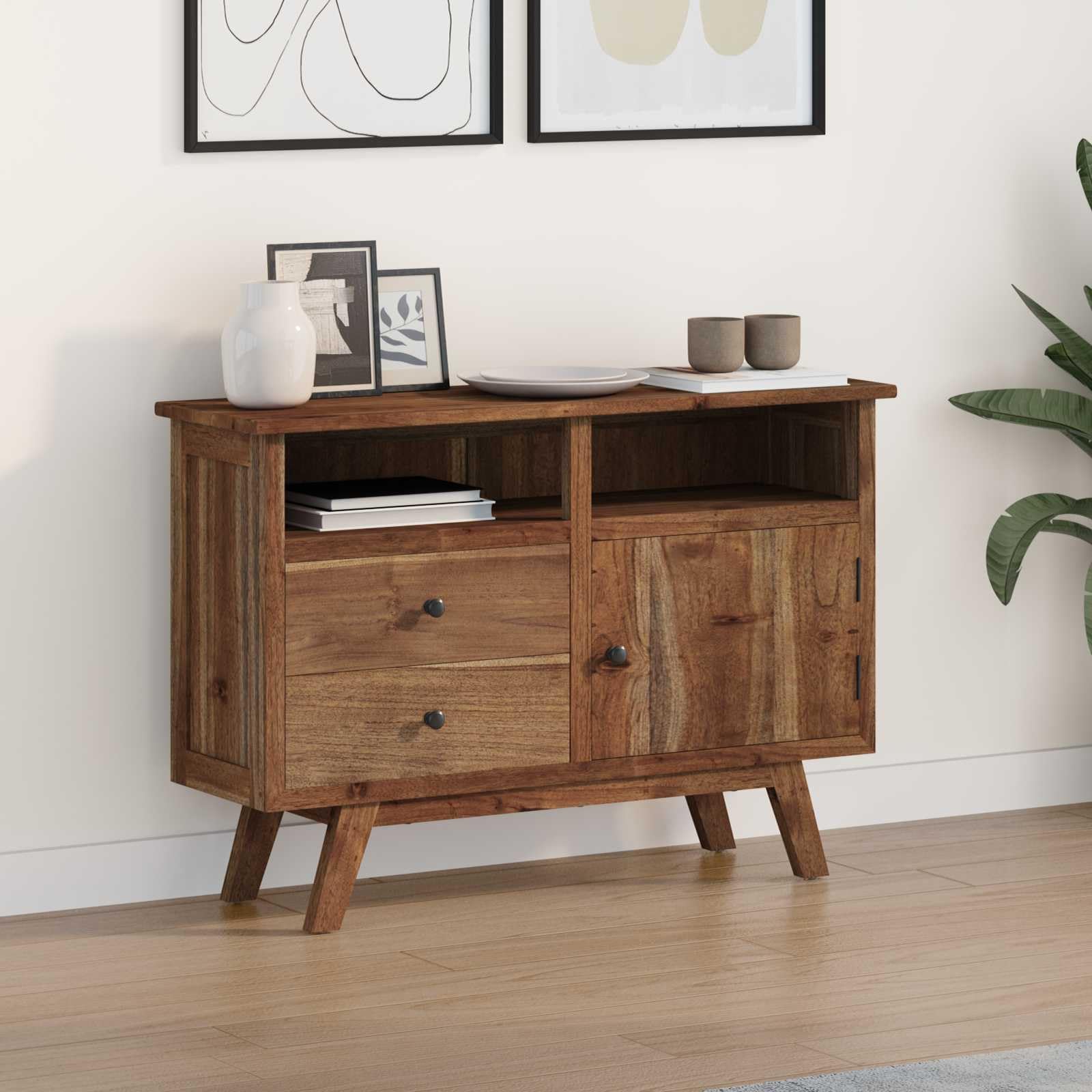 Aparador de teca 100 x 30 x 68 cm madera maciza natural con 2 cajones y puerta, cofre vintage grande para salón, comedor, cocina o pasillo