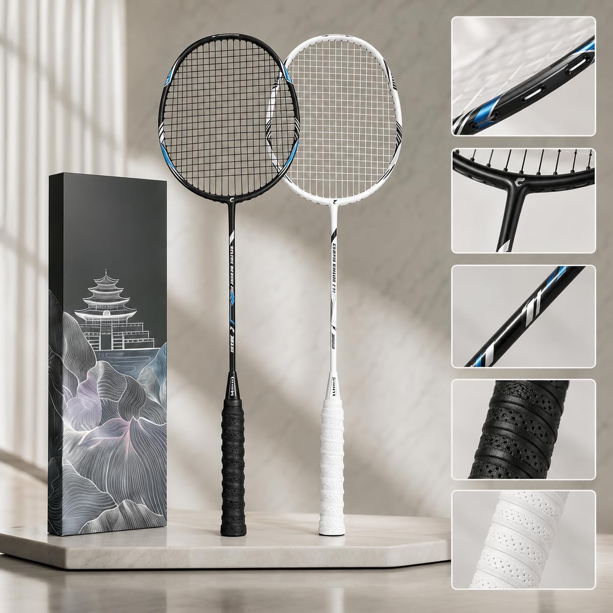 Racchetta badminton in fibra di carbonio, set completo con volano per principianti e