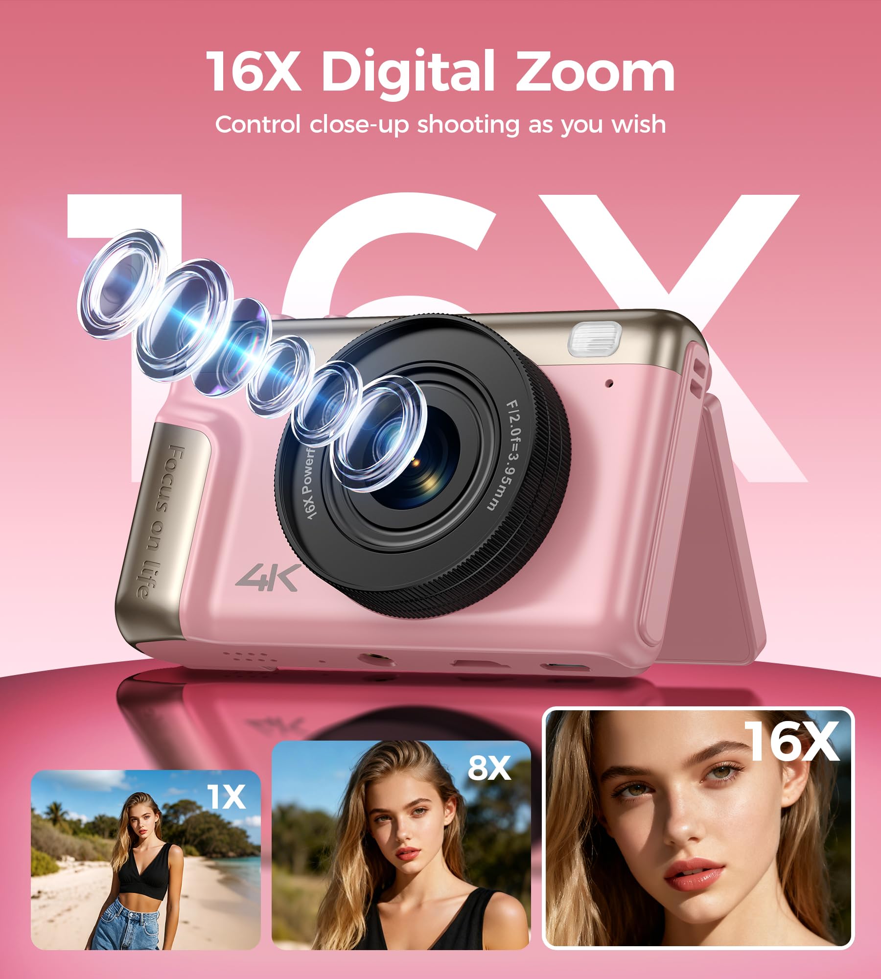Appareil Photo Numérique 4K Digital: 64MP Appareil Photo Compact pour Vidéo avec Écran 3" Abattable 180° Digital Camera Zoom 16X pour Enfants Débutants Adultes Étudiants Rose(Carte SD Non Fournie)