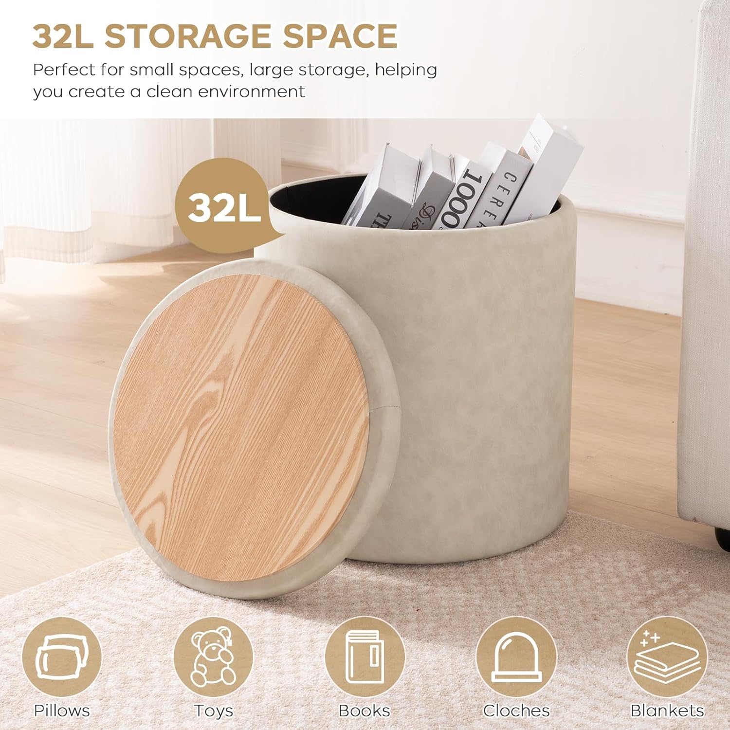 Faux Leather Round Ottoman with Storage 12.6" W x 14.17" H & 14.76" W x 17.32" H Set of 2, Small Boucle Coffee Table Footstool with Removable Lid for Living Room, Bedroom, Beige - Image 3