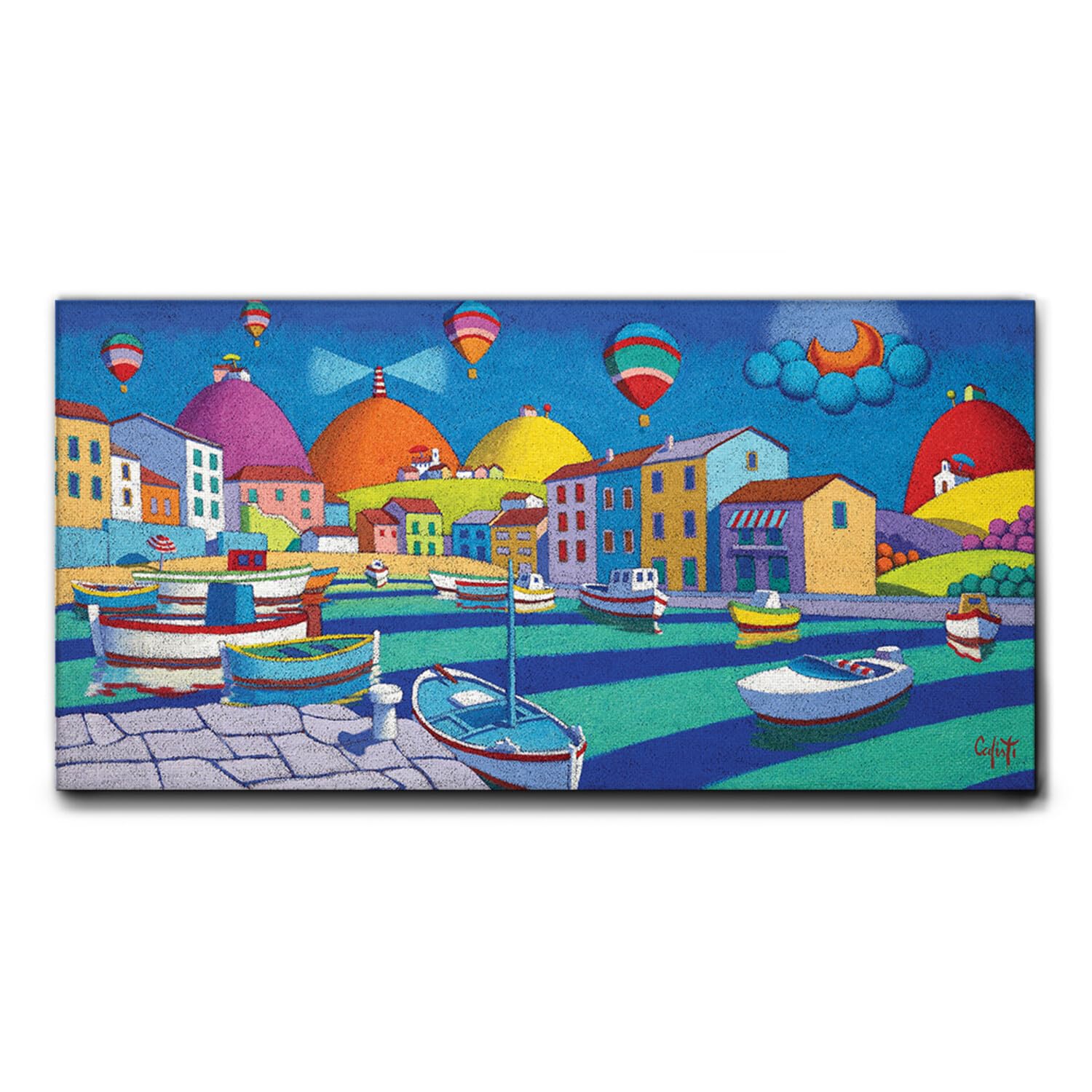 Giallobus - Quadro - Stefano Calisti - Mare barche mongolfiere - Tela Canvas Telaio Standard - 140x70 - Pronto da appendere - Quadri moderni per la casa