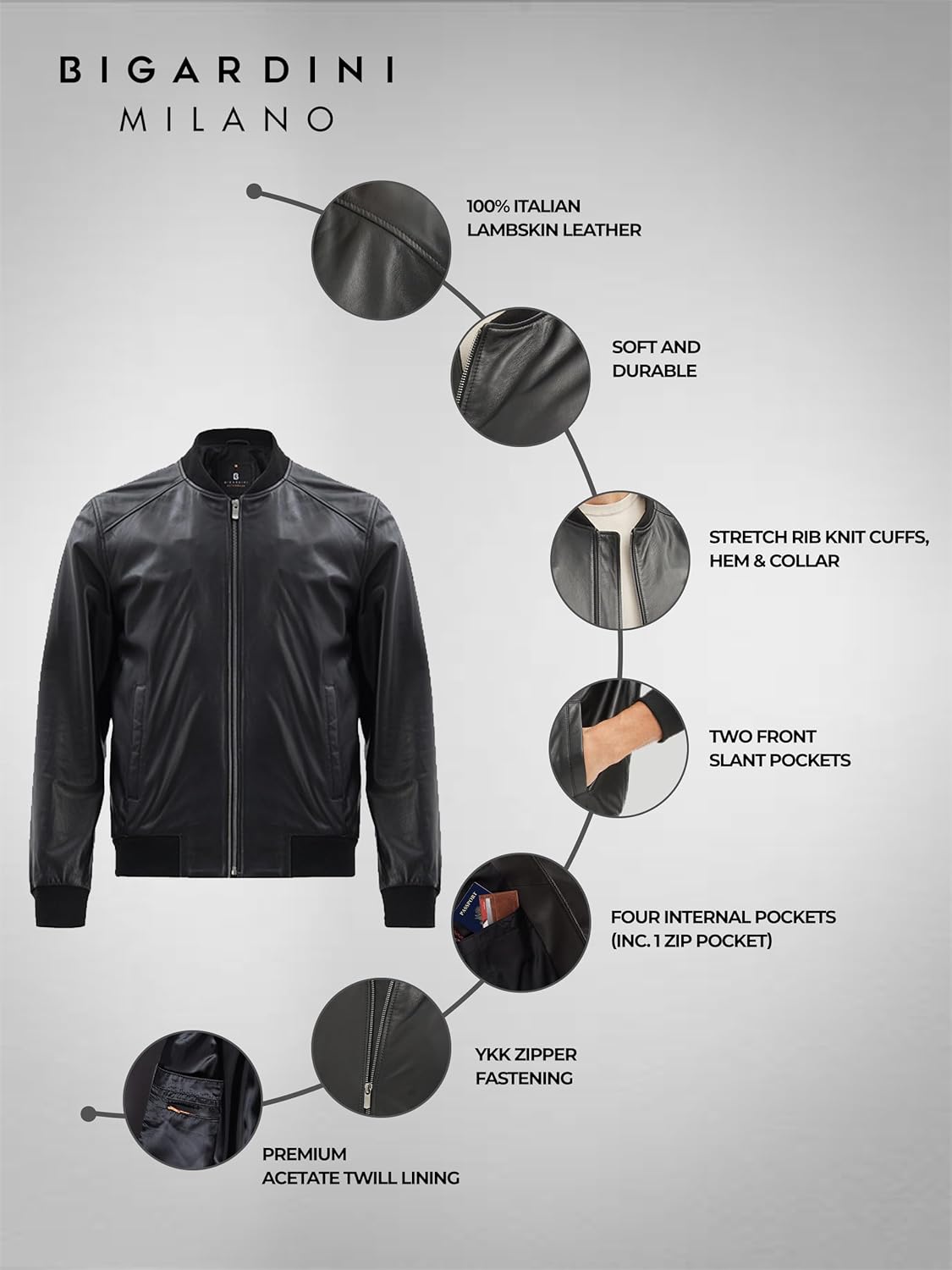 Bigardini Men's Leather Bomber Jacket - Genuine Lambskin Leather Jacket for Men - Black - Image 5