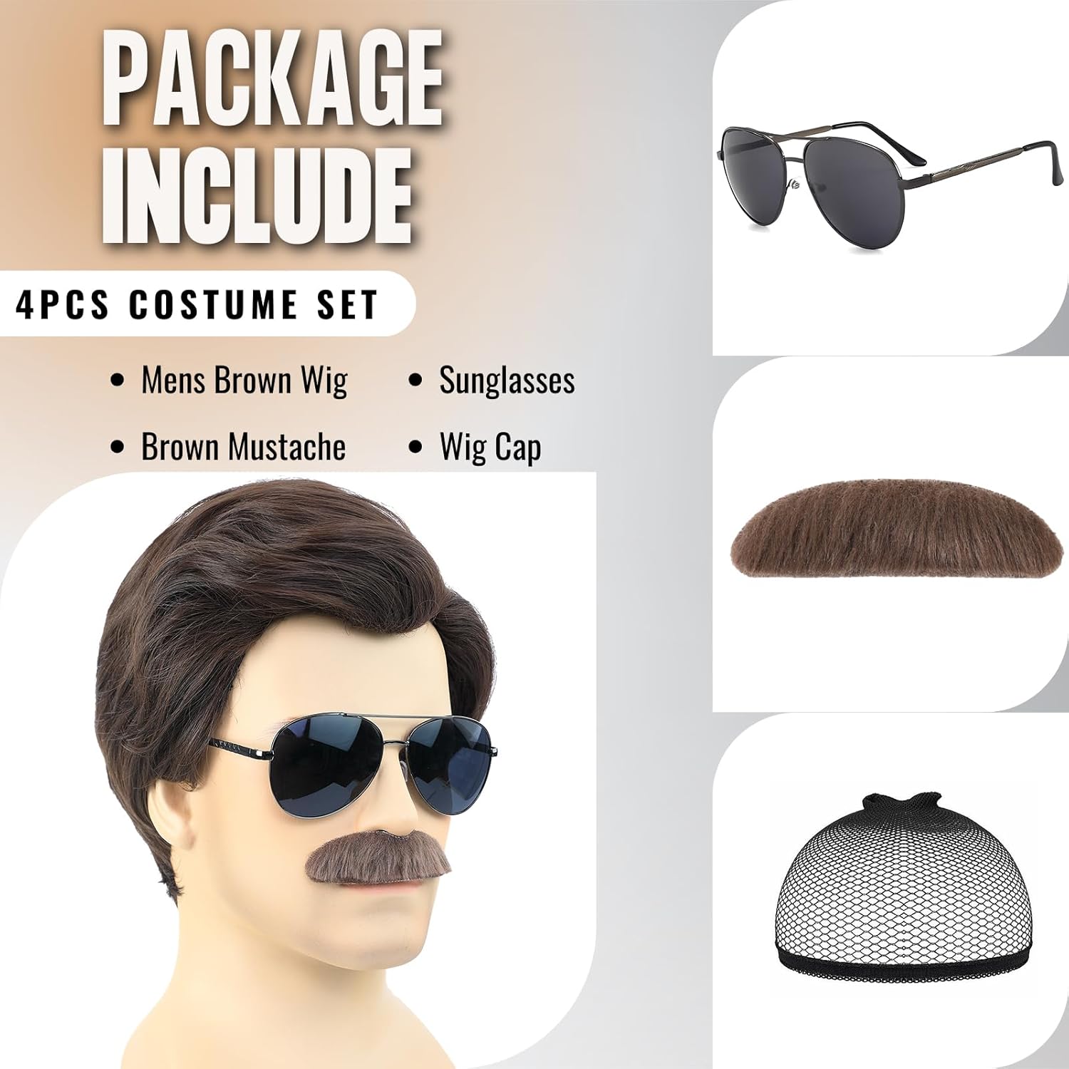 Short Brown Men Wig with Msutache and Sunglasses for 70s 80s Costume Cosplay Halloween Party - Image 3