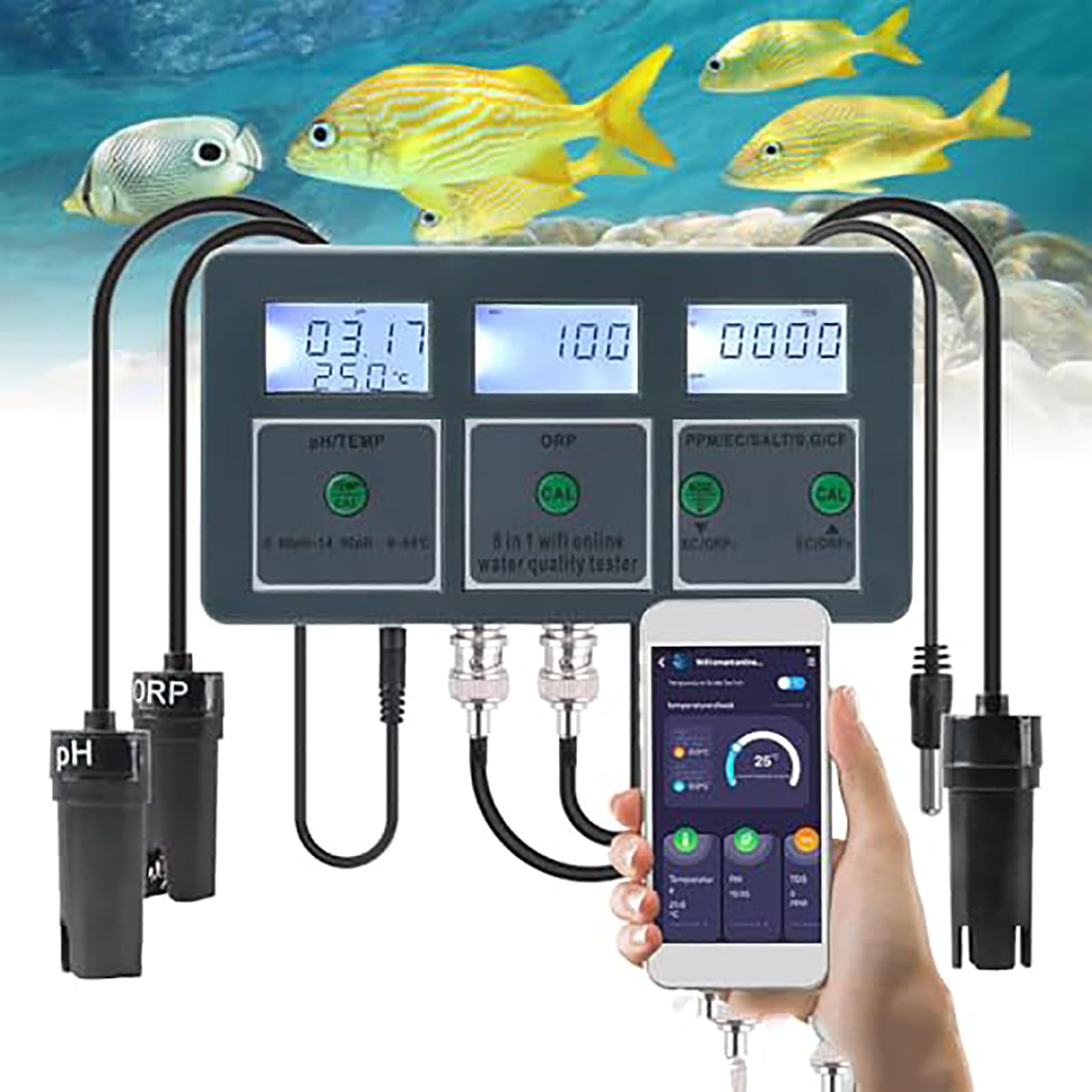 Probador de calidad del agua 8 en 1, monitor inteligente para pH, TDS, EC, ORP, sal, temperatura con pantalla digital para acuarios, hidroponía, piscinas