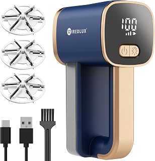 Electric Lint Remover - Rechargeable Pilling Shaver for Clothes and Furniture - Adjustable 3-Speed, 6-Blade Blades, LED Light, USB Charging - Dual Protection Debobbler