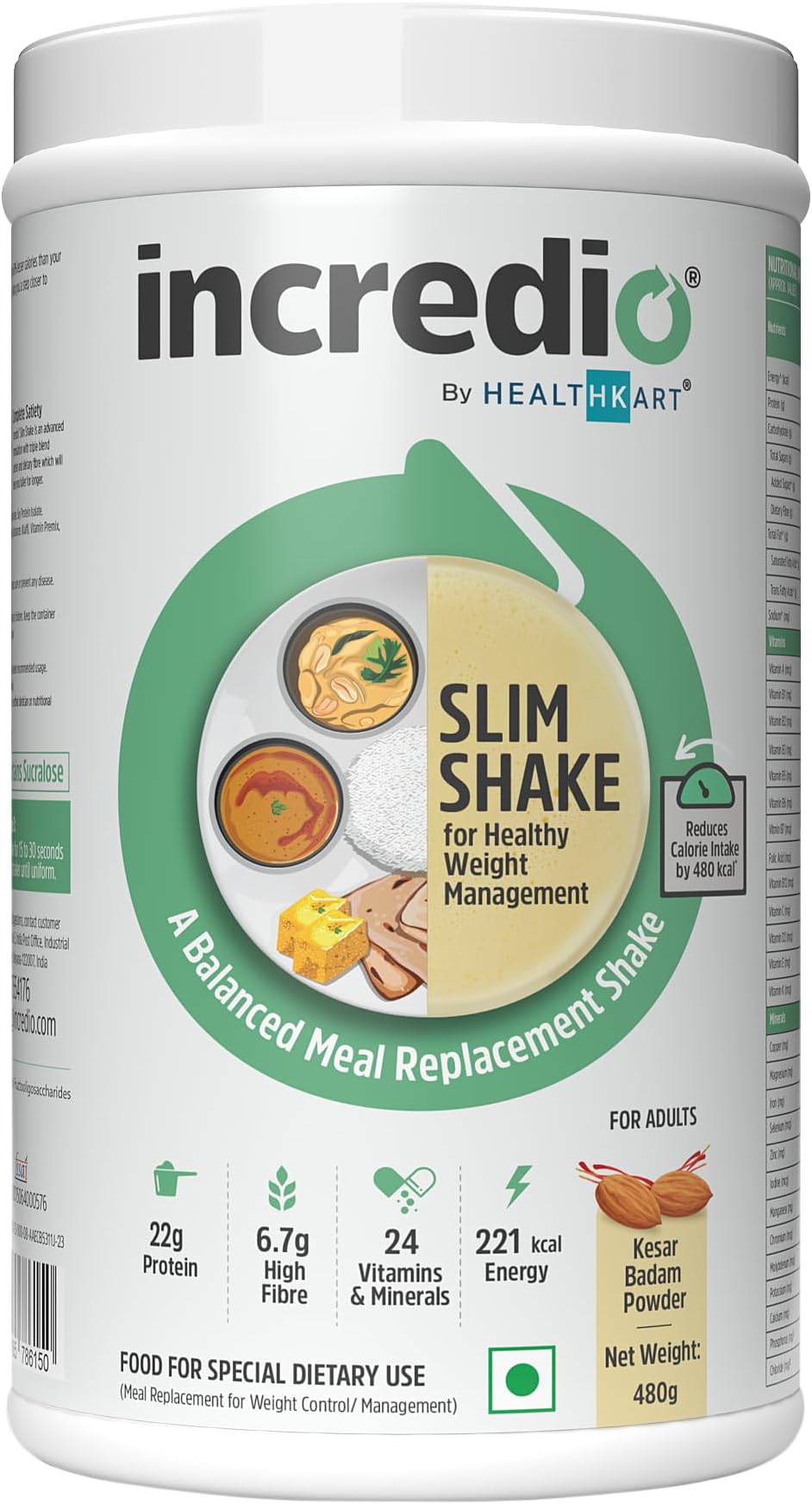 Incredio by HealthKart Slim Shake for Weight Management (Kesar Badam, 480g) | 22g Triple Blend Protein (Whey, Soy & Casein) High Fibre, Low Calories, 24 Vitamins & Minerals, Meal Replacement Shake