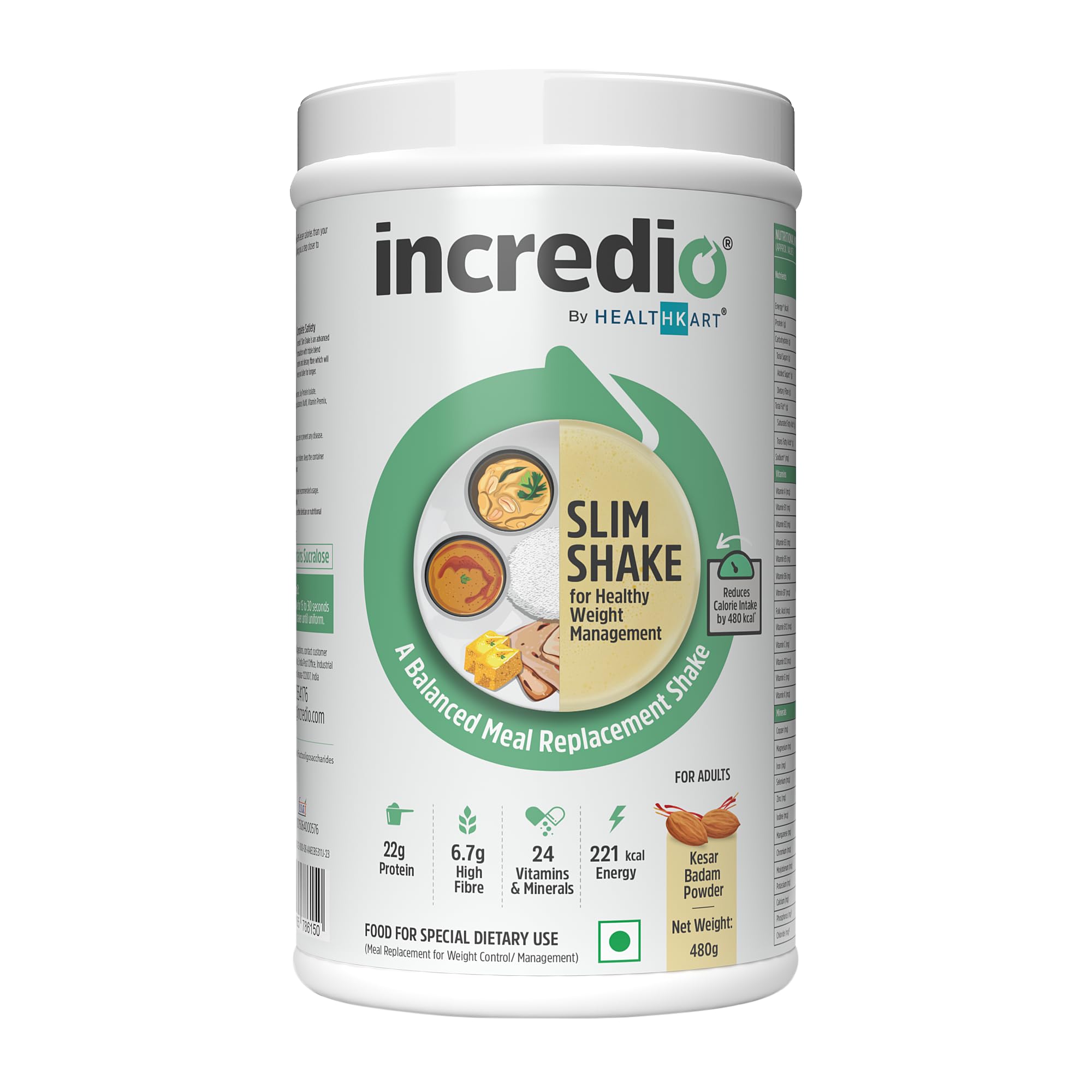 Incredio by HealthKart Slim Shake for Weight Management (Kesar Badam, 480g) | 22g Triple Blend Protein (Whey, Soy & Casein) High Fibre, Low Calories, 24 Vitamins & Minerals, Meal Replacement Shake