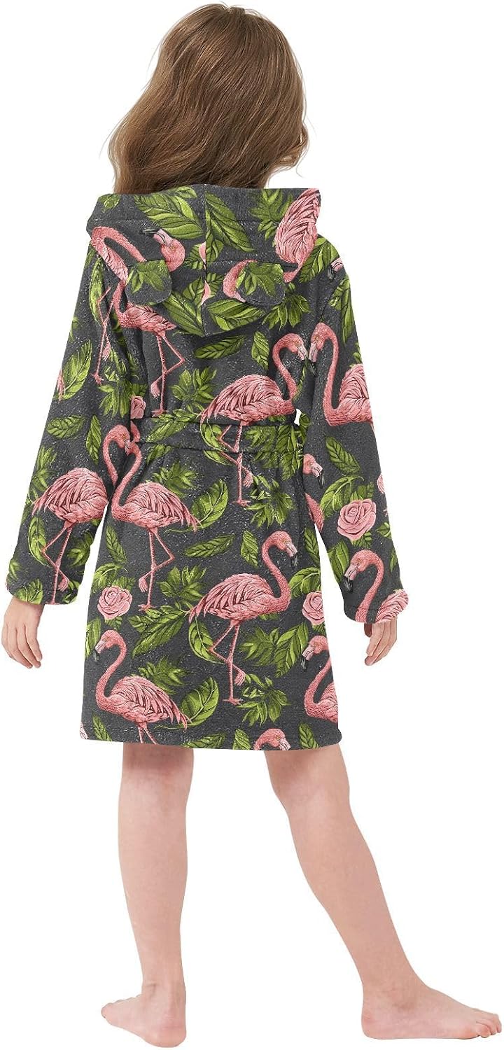 senya Tropical Pink Flamingo Toddler Hooded Bathrobe Kids Soft Plush Bath Towel Robes for Boys Girls 2-12 Years
