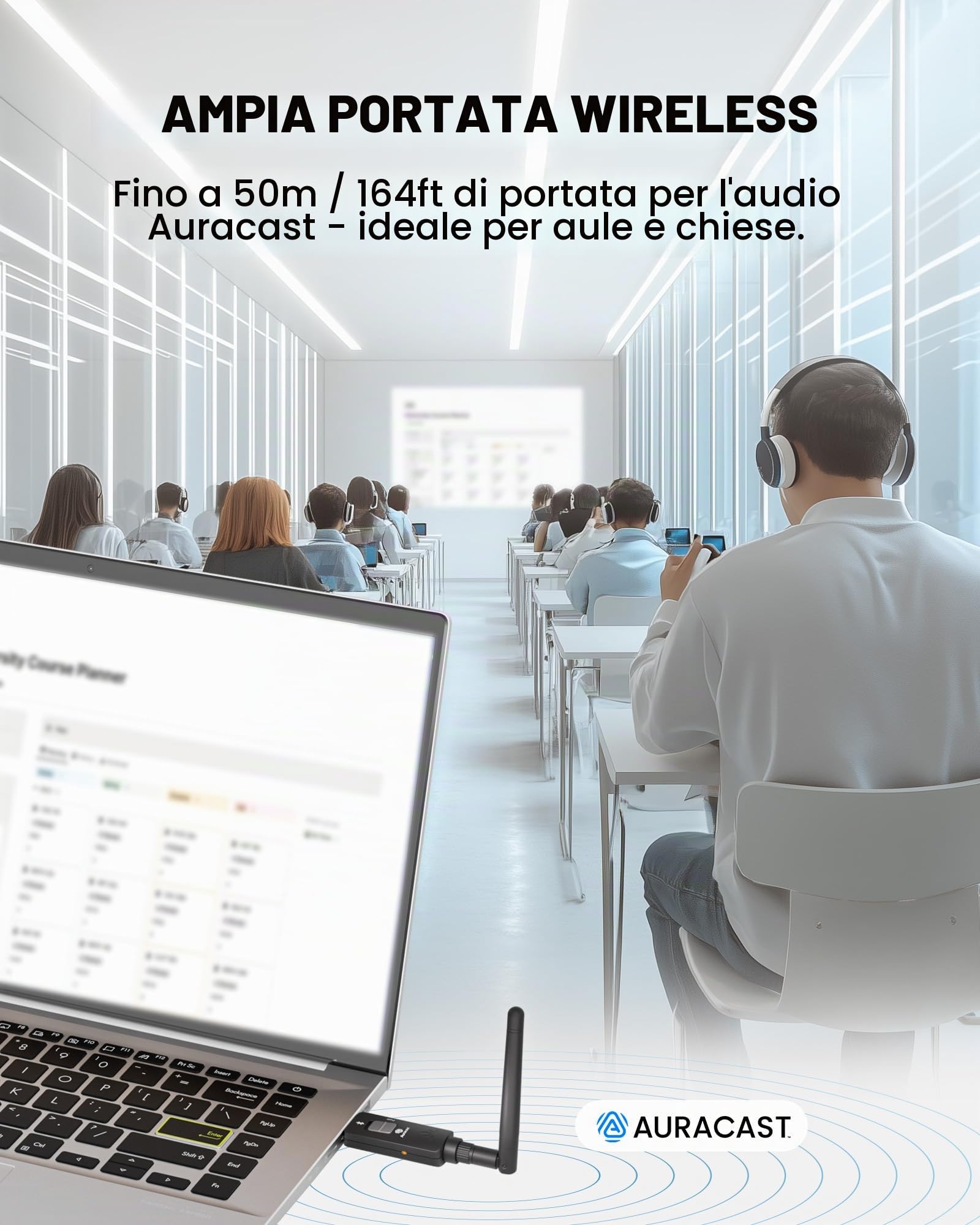Avantree DG60 Aura – Lungo raggio Trasmettitore Auracast & Adattatore USB Bluetooth 5.4 2-in-1 per Cuffie, Chip Qualcomm, aptX Adaptive, Firmware Aggiornabile, Trasmette Audio del PC a Più Auricolari