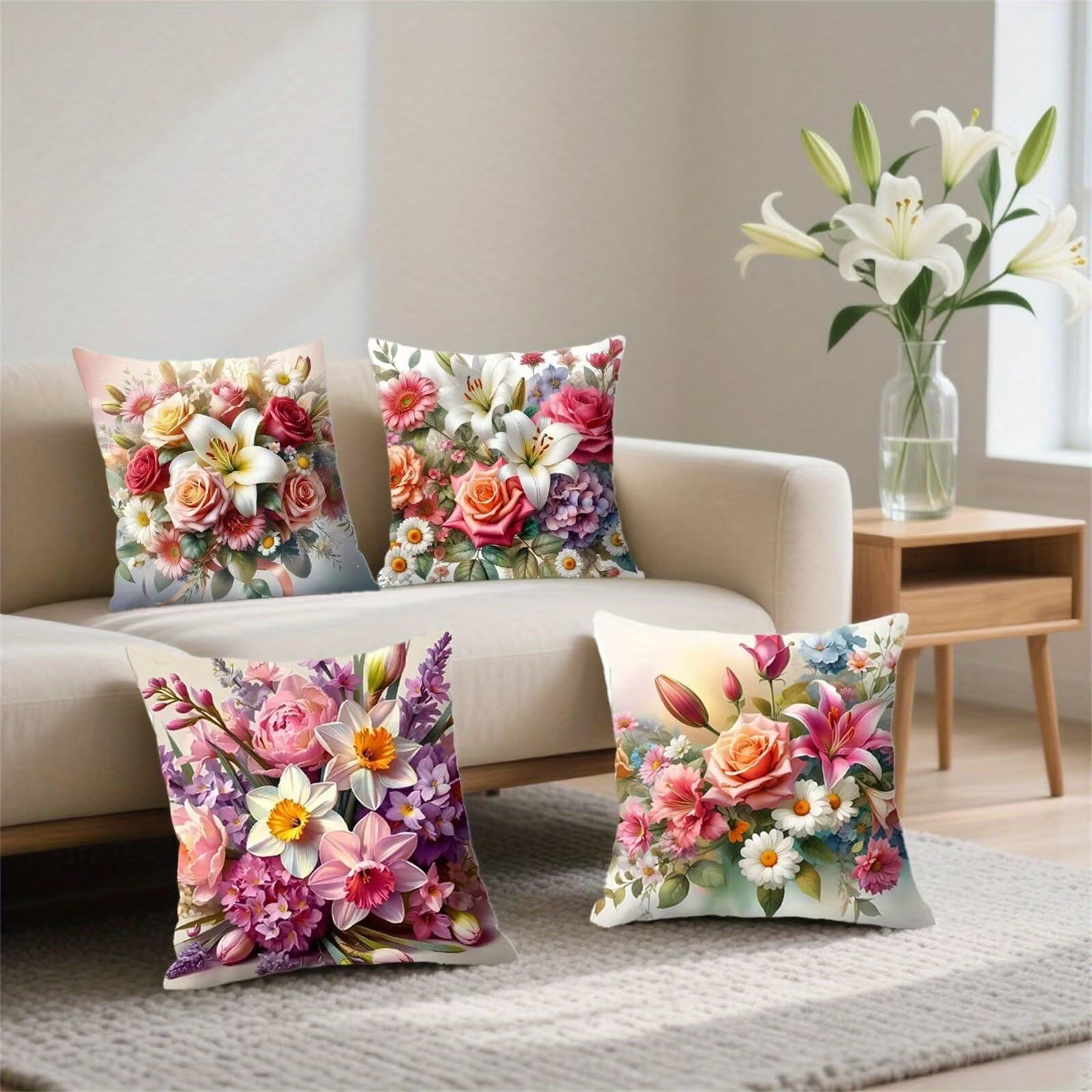 Kissenbezug 45x45 cm Gänseblümchen Lilien 4er Set Modern Dekokissen Leinen Kissenhülle Doppelseitig Muster Waschbar für Balkon Garten Sofa Couch Wohnzimmer