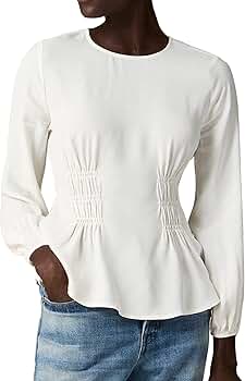 Womens White Shirred-Waist Top Long Sleeve Crewneck Shirt
