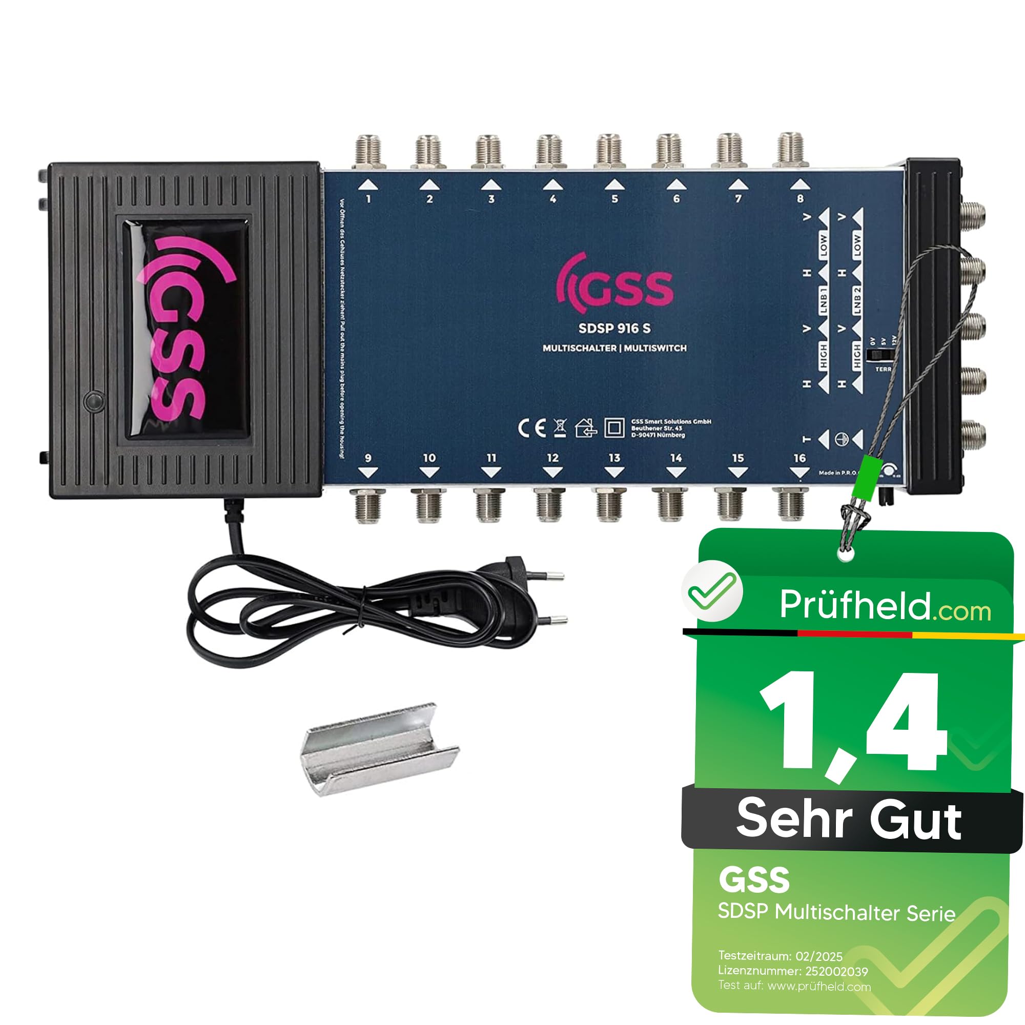 GSS Commutatore 9/16 per 16 partecipanti e 2 satelliti con ausilio di sollevamento, adatto per 2 Quad o 2 Quattro LNB – Terestrik regolabile – 22 Khz – alimentatore integrato – Multiswitch