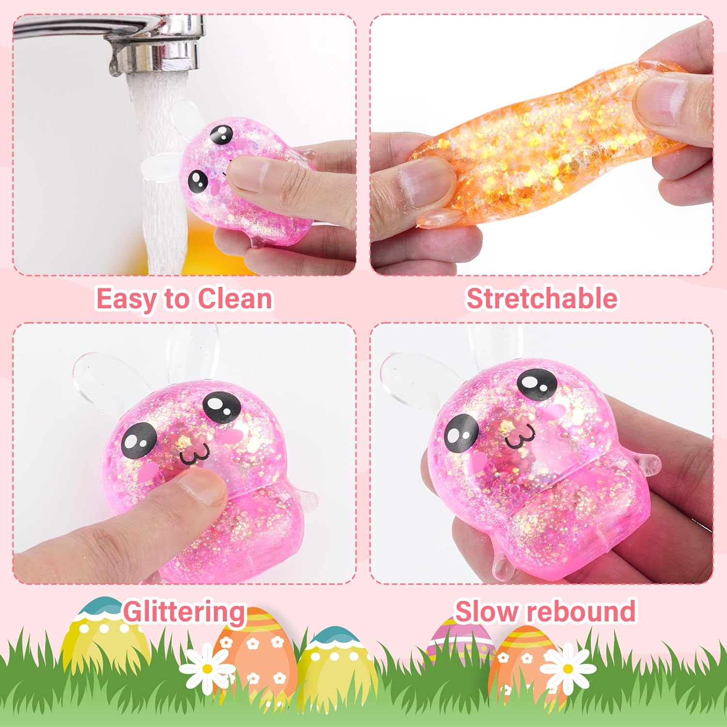 Easter Egg Filler for Teens Kids - 6PCS Glitter Sugar Squishy Toys, Bunny Stress Balls Easter Egg Stuffers for Adults