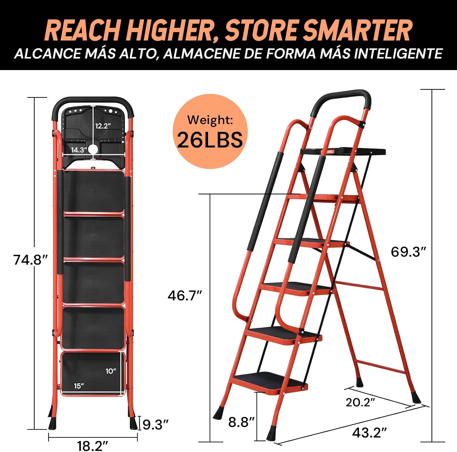 SEKAM 5 Step Ladder: Folding Heavy Duty Ladder with Tool Tray & Wide Anti-Slip Pedals – 800 lbs Capacity Steel Portable Stepladder for Home, Kitchen, Garage & Pantry Use