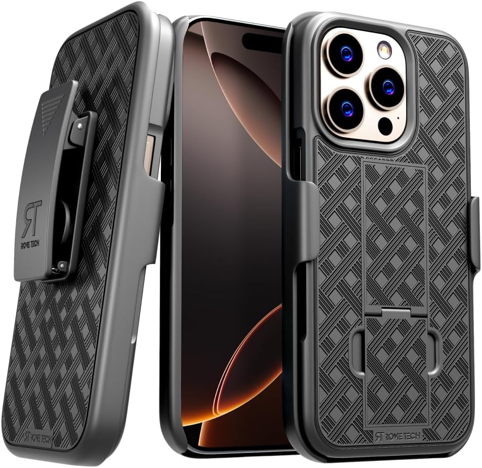 Designed for iPhone 16 ProMax Case with Belt Clip Holster - Kickstand Cover Phone Case - Black