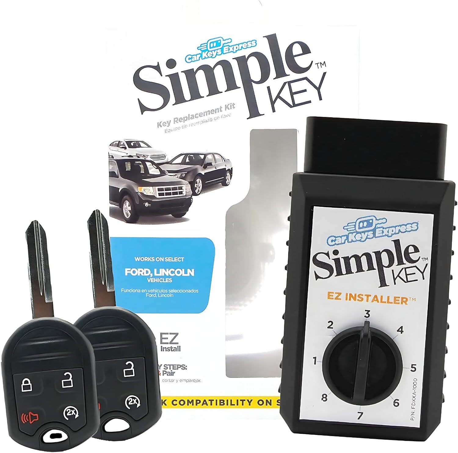 Simple Key Car Key Replacement Key Fob for Select Ford and Lincoln Vehicles (4 Button Key: Remote Start, Lock, Unlock, Panic, 2 Keys & Simple Key EZ Installer)