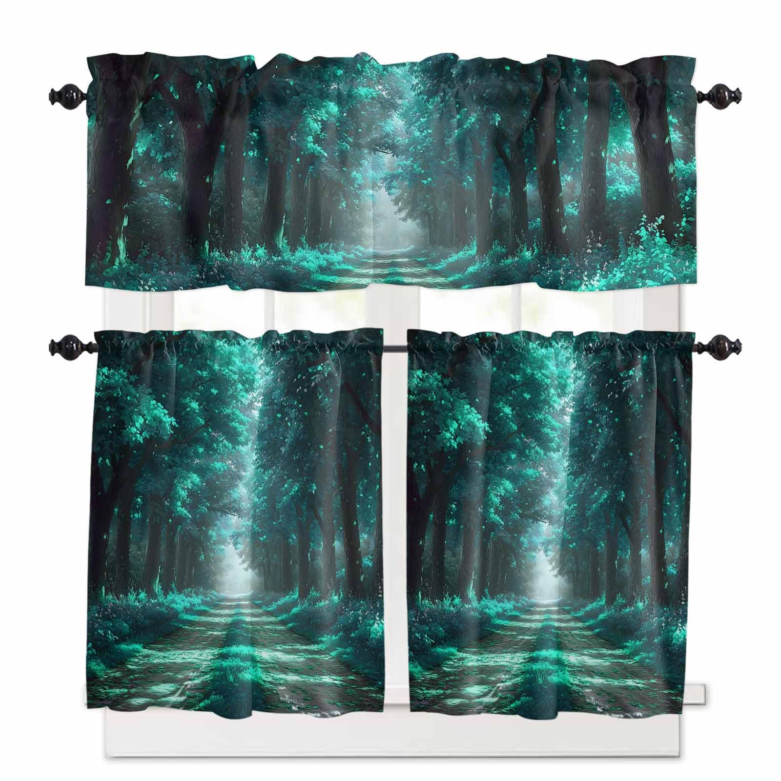 Aque Trees Kitchen Curtains 36 Inch Length,3 Piece Rod Pocket Small Half Tiers and Valance Set,Forest Art Decor Spring Summer Nature Leaf Small Large Window Treatment Decor for Bedroom/Bathroom Sink