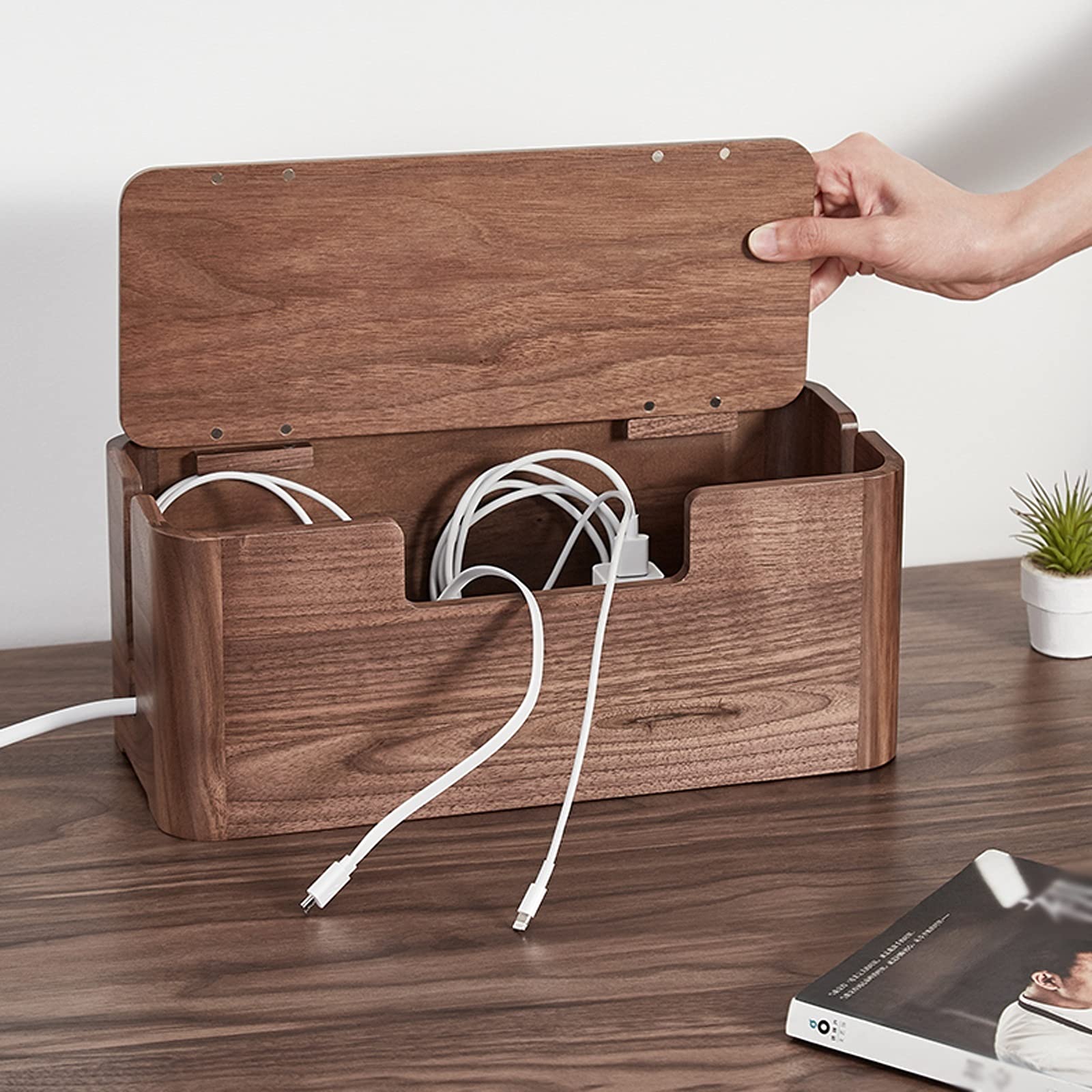 ordenador de cables, Organizador de cajas gestión cables madera, organizador nogal gran capacidad