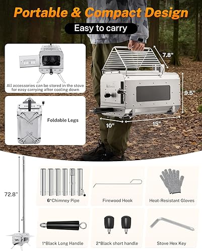 Miniatura 7 de Gonex Estufa de camping plegable portátil de leña, estufa de tienda caliente para calefacción de refugio al aire libre, cocina (grande)