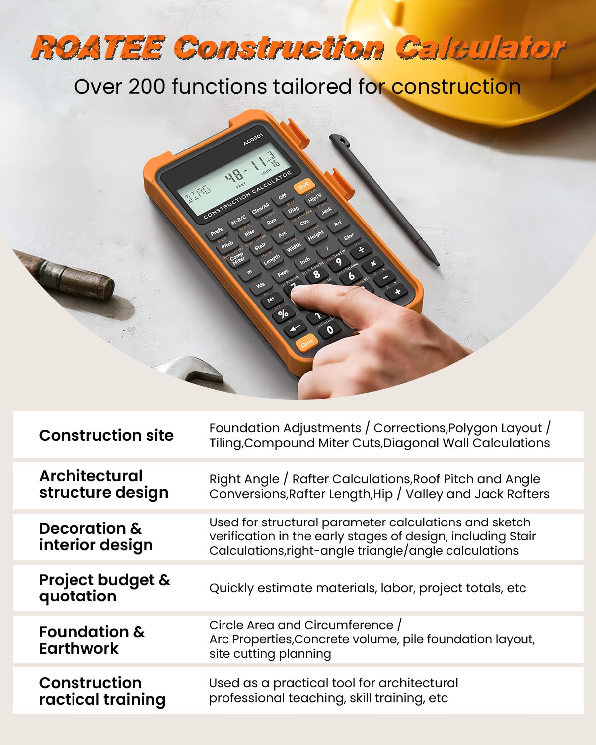 Calculadora de construcción con tableta de escritura industrial y científica ROATEE calculadora de ingeniería para contratistas, calculadoras de bolsillo de pies-pulgadas-fracción de hormigón para