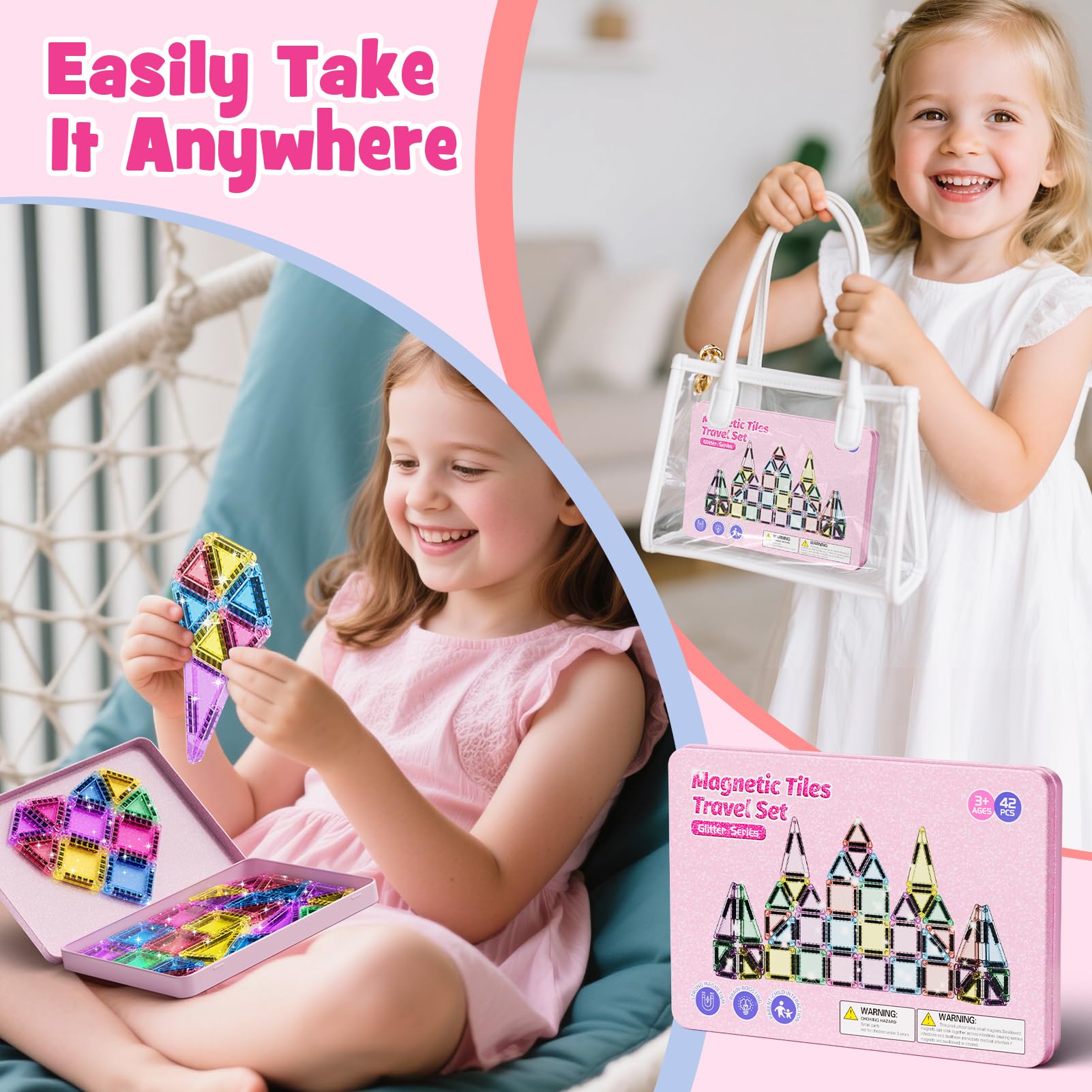 Set di 42 piastrelle magnetiche da viaggio con glitter da viaggio, per bambini, menta, piastrelle magnetiche con base in ferro, mattoncini da costruzione magnetici, giocattolo da viaggio, regalo per 3