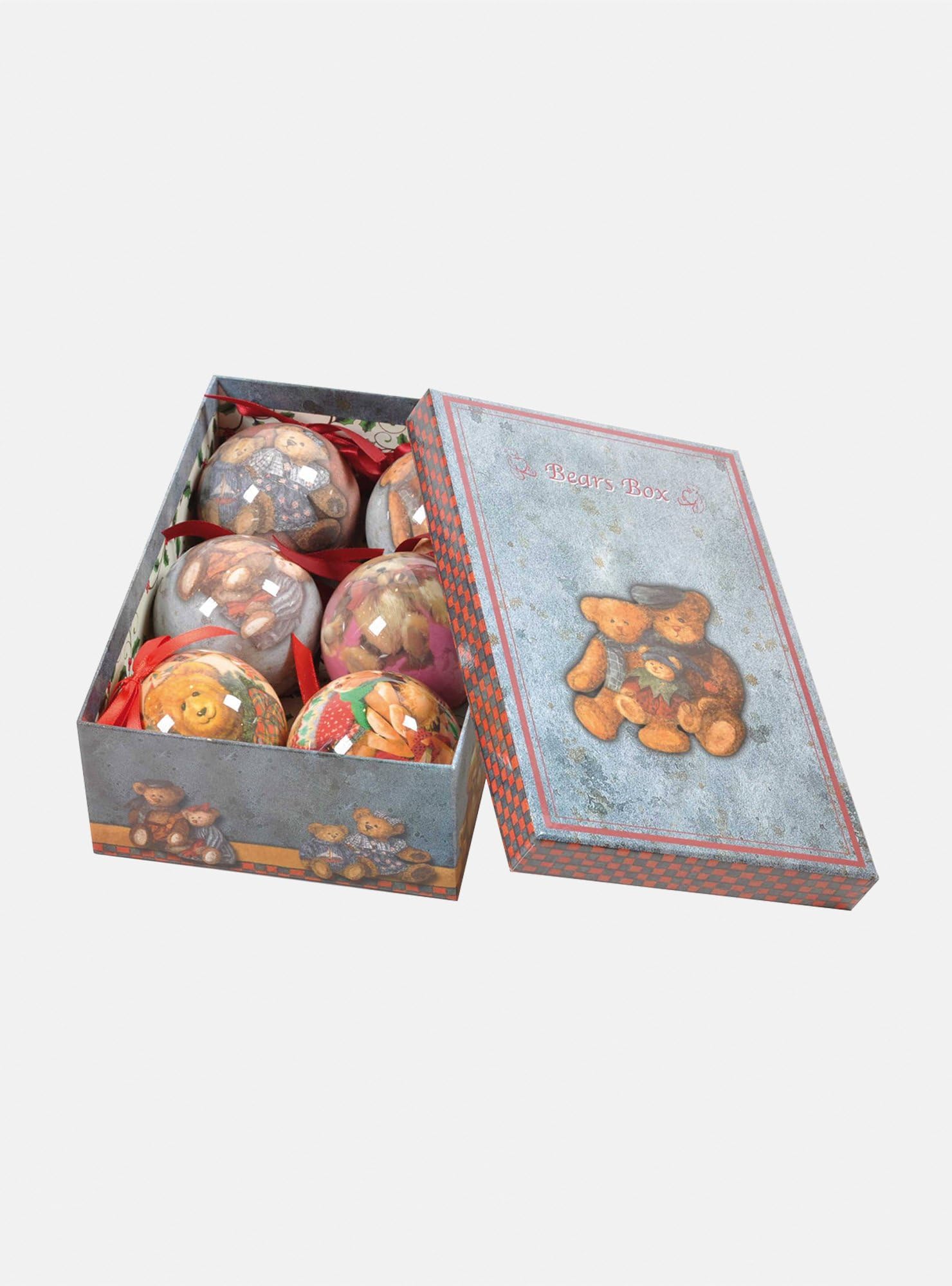 Dmora Boîte 6 boules de Noel, ornements fantaisie ours, ensemble assortiment boules de Noel, boîte ensemble arbre de Noel, diamètre 7,5 cm, multicolore