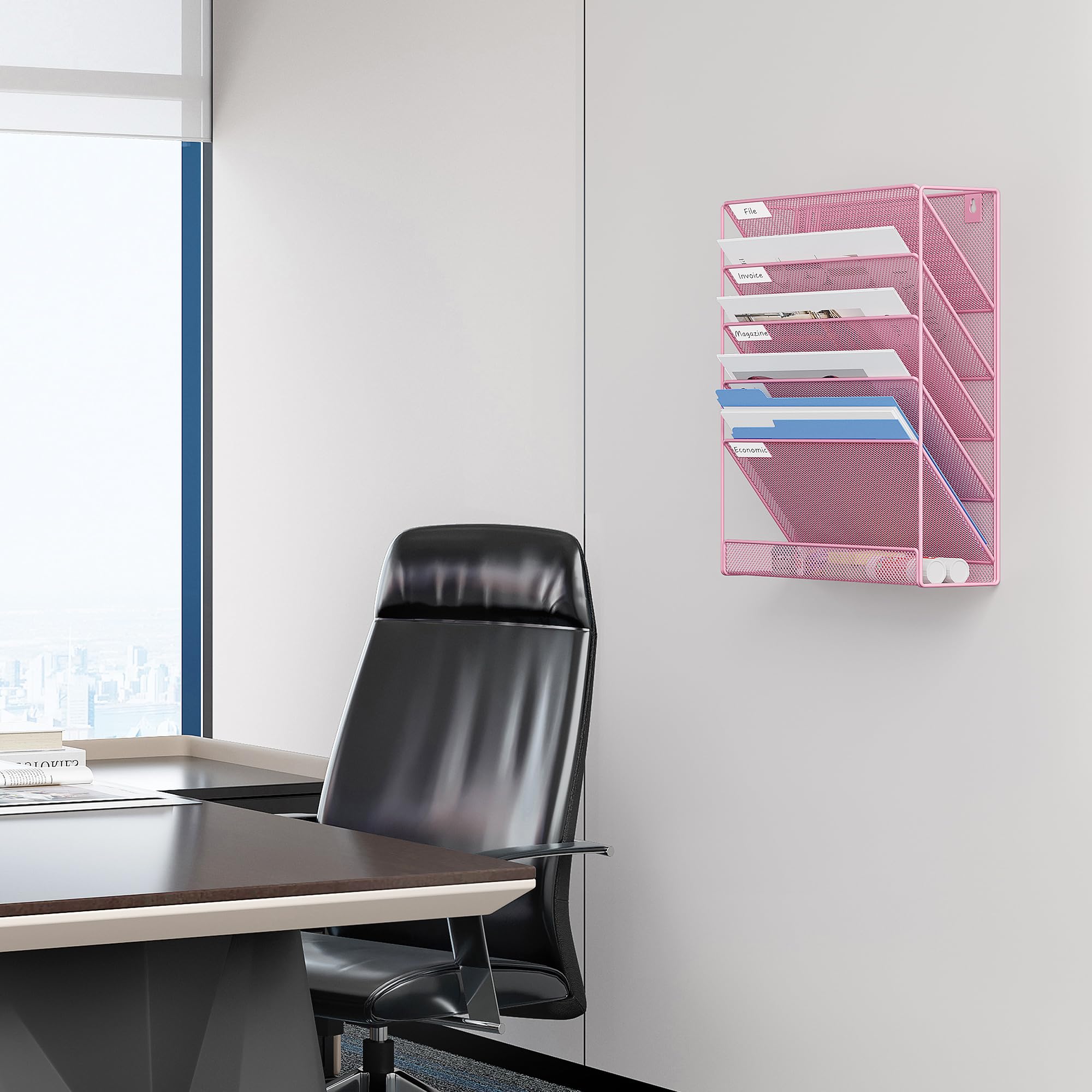 EasyPAG Organizer da ufficio a parete a 5 ripiani, verticale, con design a rete robusta, per scrivania o cubicolo, argento