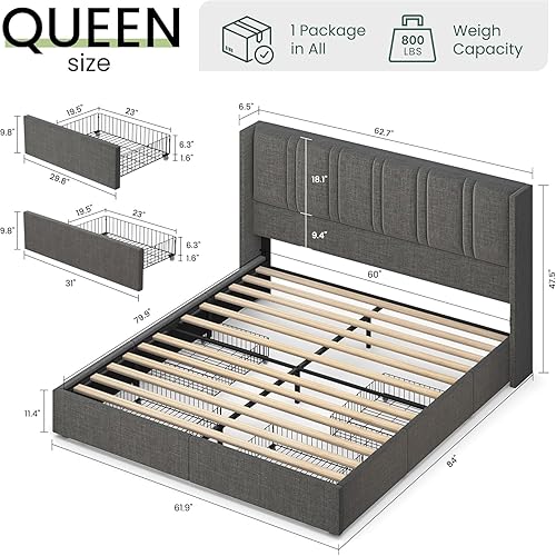 Miniatura 2 de LARMACE - Base de cama tamaño queen con cajones de almacenamiento y cabecera con respaldo, base de cama tapizada en lino con listones de madera,