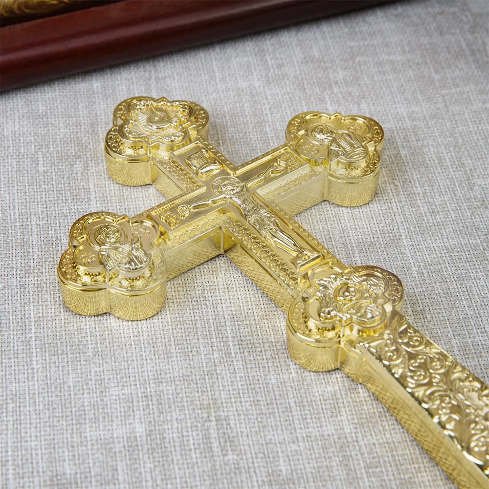 RZRHMUHN Croix de bénédiction orthodoxe plaquée or, crucifix religieux de 21,6 cm avec icône en relief, croix liturgique orthodoxe orientale pour bénédiction du prêtre, autel d'église, dévotion à